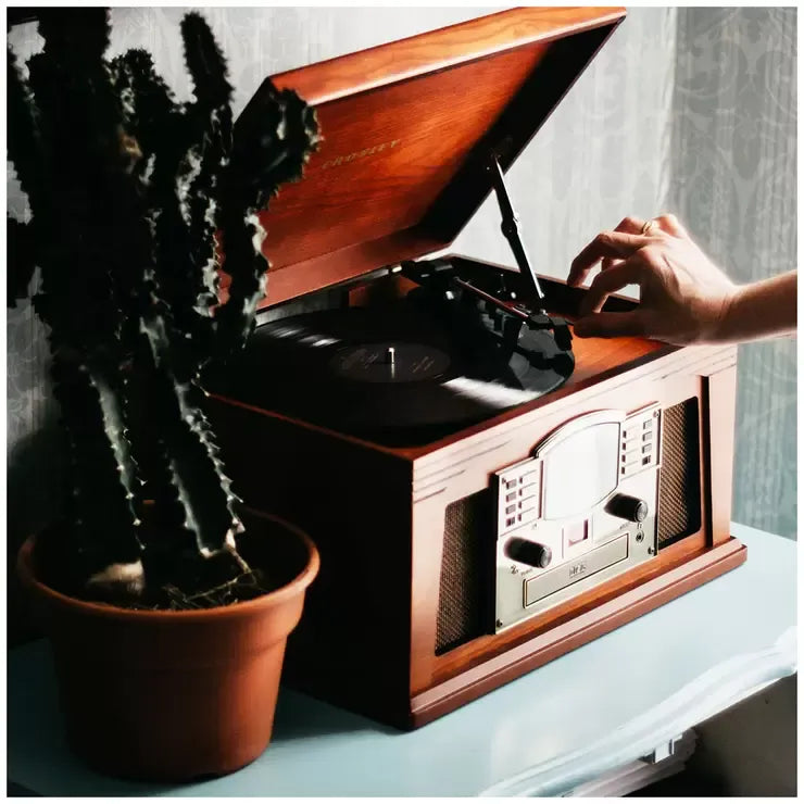 Wood Bluetooth Turntable With AM/FM Radio, CD Player, Paprika