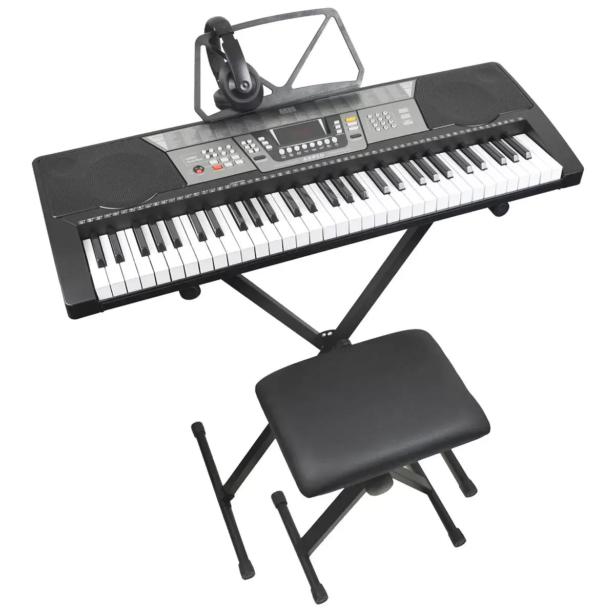Black Digital Portable Keyboard Pack With Headphones, Stool, 61 Keys, 255 Voices, Adjustable Height Stand