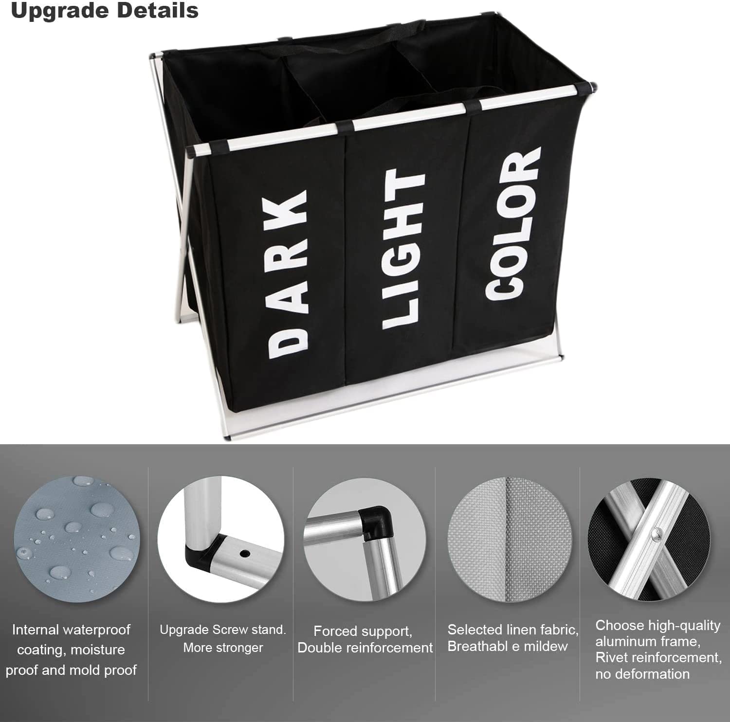 3 in 1 Large 135L Laundry Clothes Hamper Basket with Waterproof bags and Aluminum Frame Black