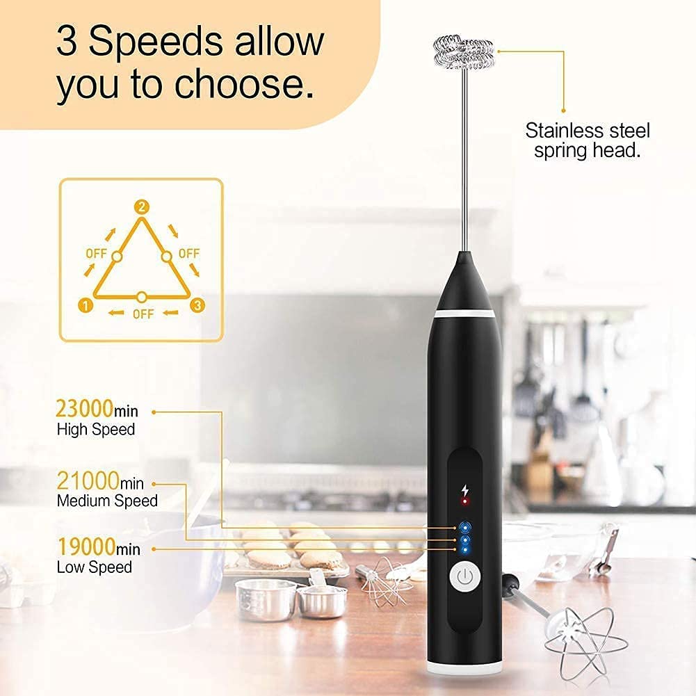 3-Speed Rechargeable Milk Frother, Handheld, USB, Silver