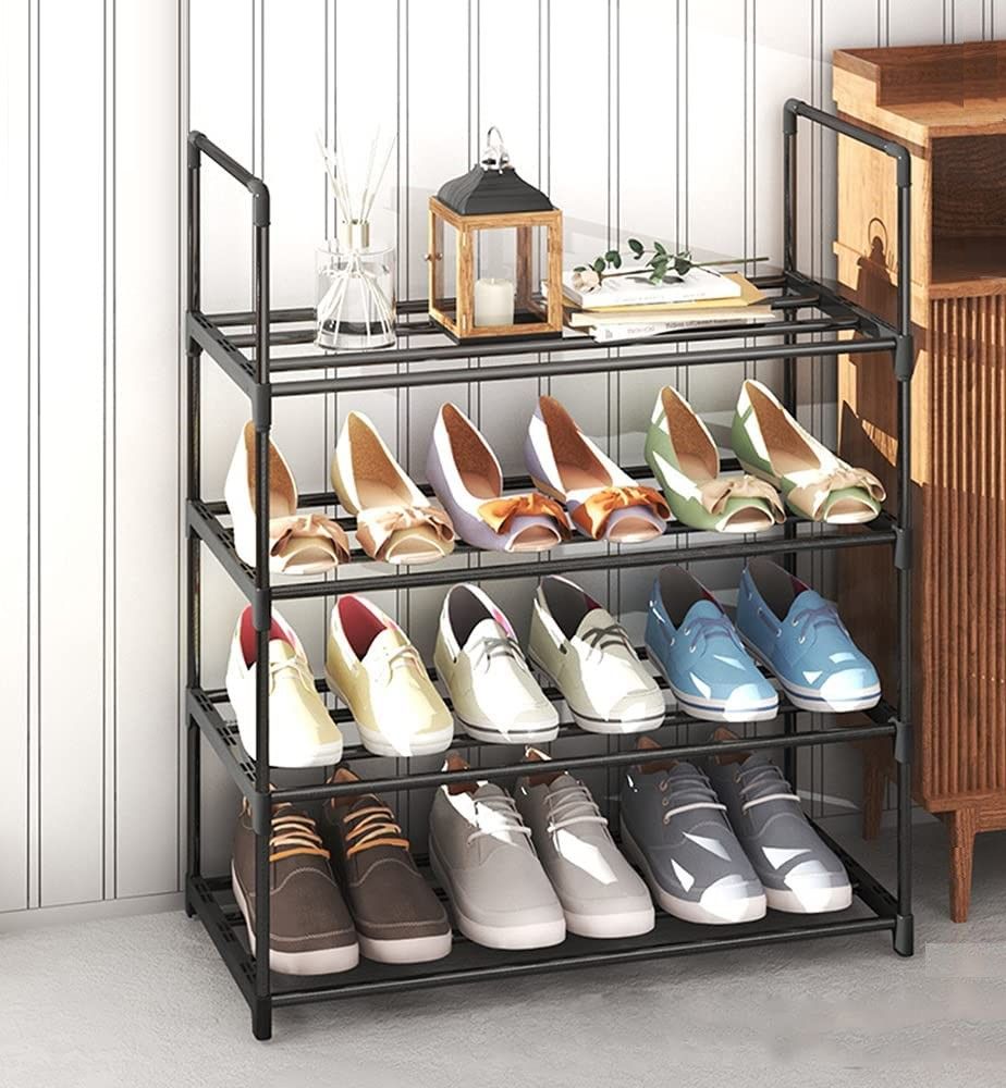 4-Tier Stainless Steel Shoe Rack, Holds 15 Pairs - Black