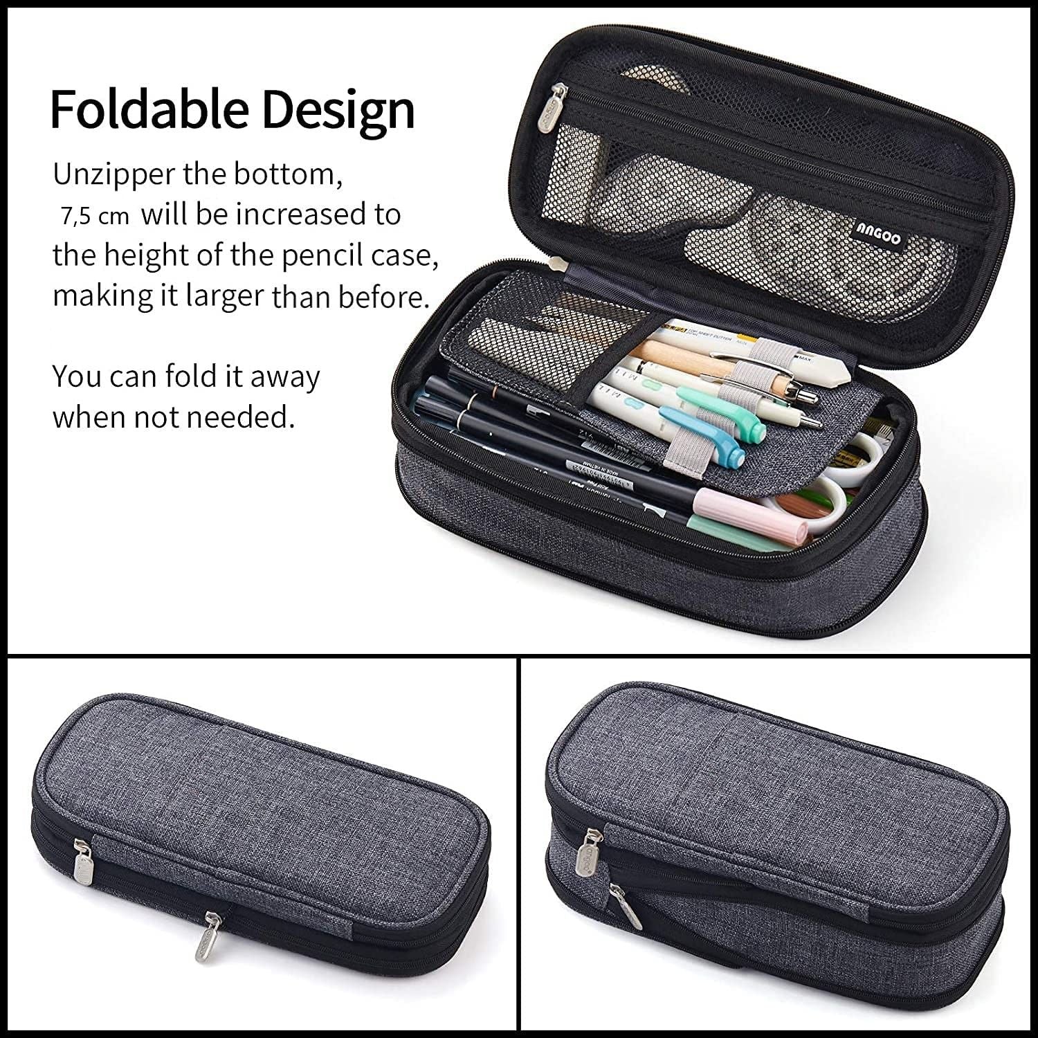 Foldable Large Capacity Pencil Bag with Mesh Pocket