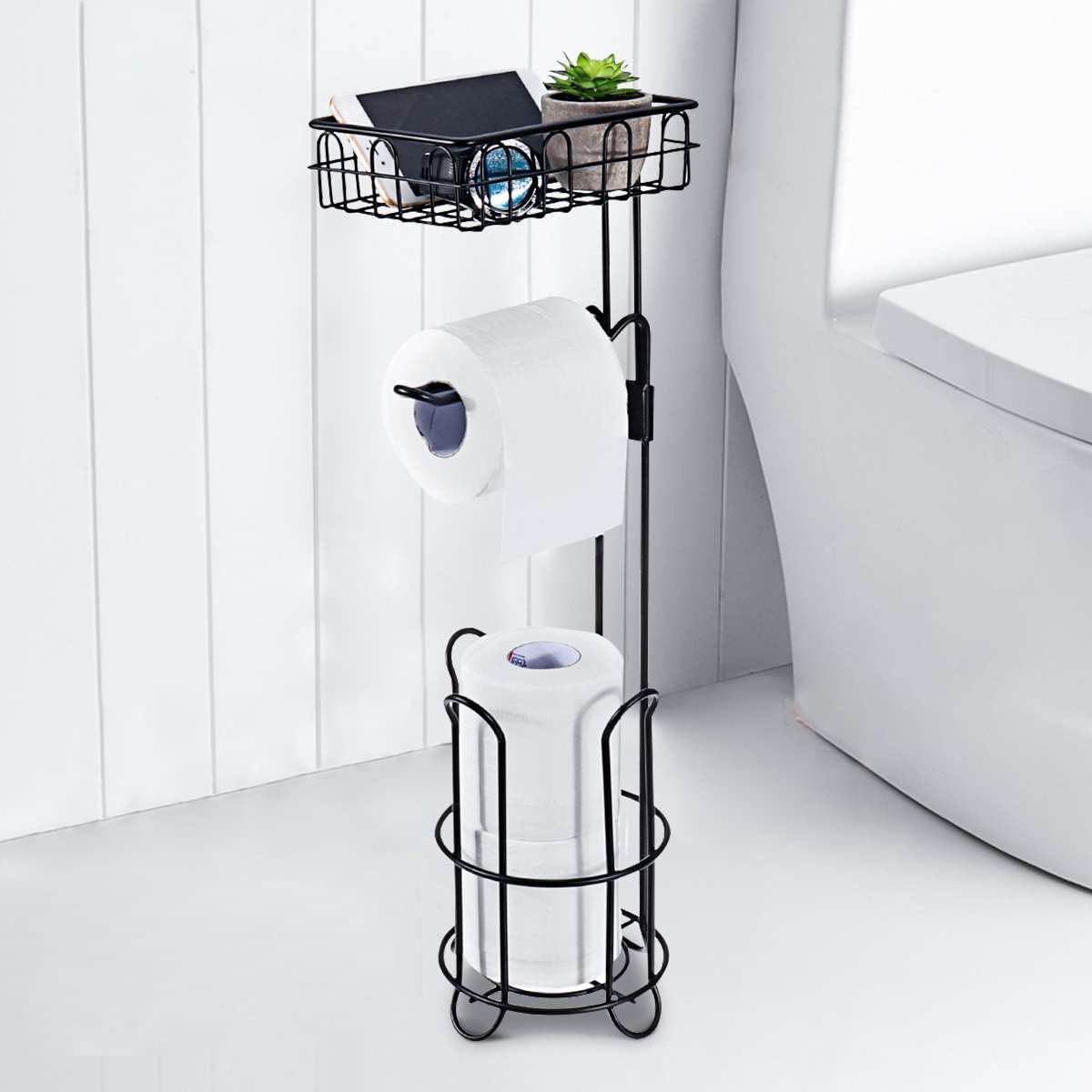 Extra Storage Toilet Paper Holder Stand with Shelf, Movable