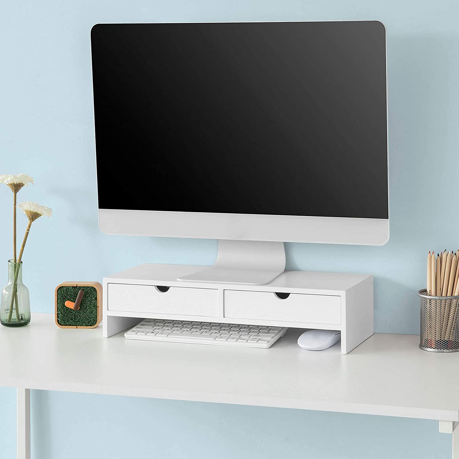 White Monitor Stand with 2 Drawers, Scratch Resistant