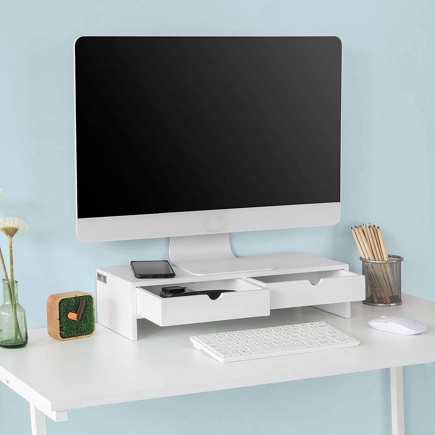 White Monitor Stand with 2 Drawers, Scratch Resistant