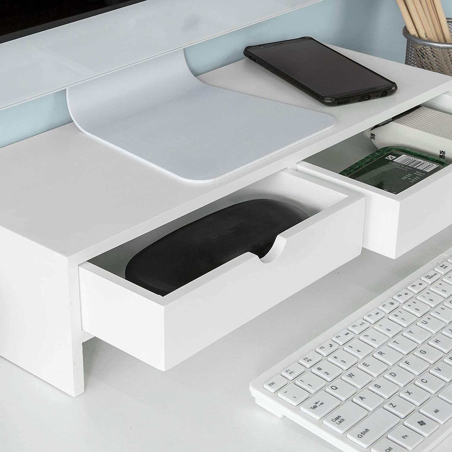 White Monitor Stand with 2 Drawers, Scratch Resistant