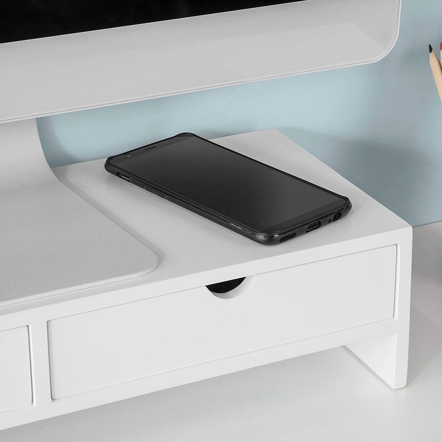 White Monitor Stand with 2 Drawers, Scratch Resistant