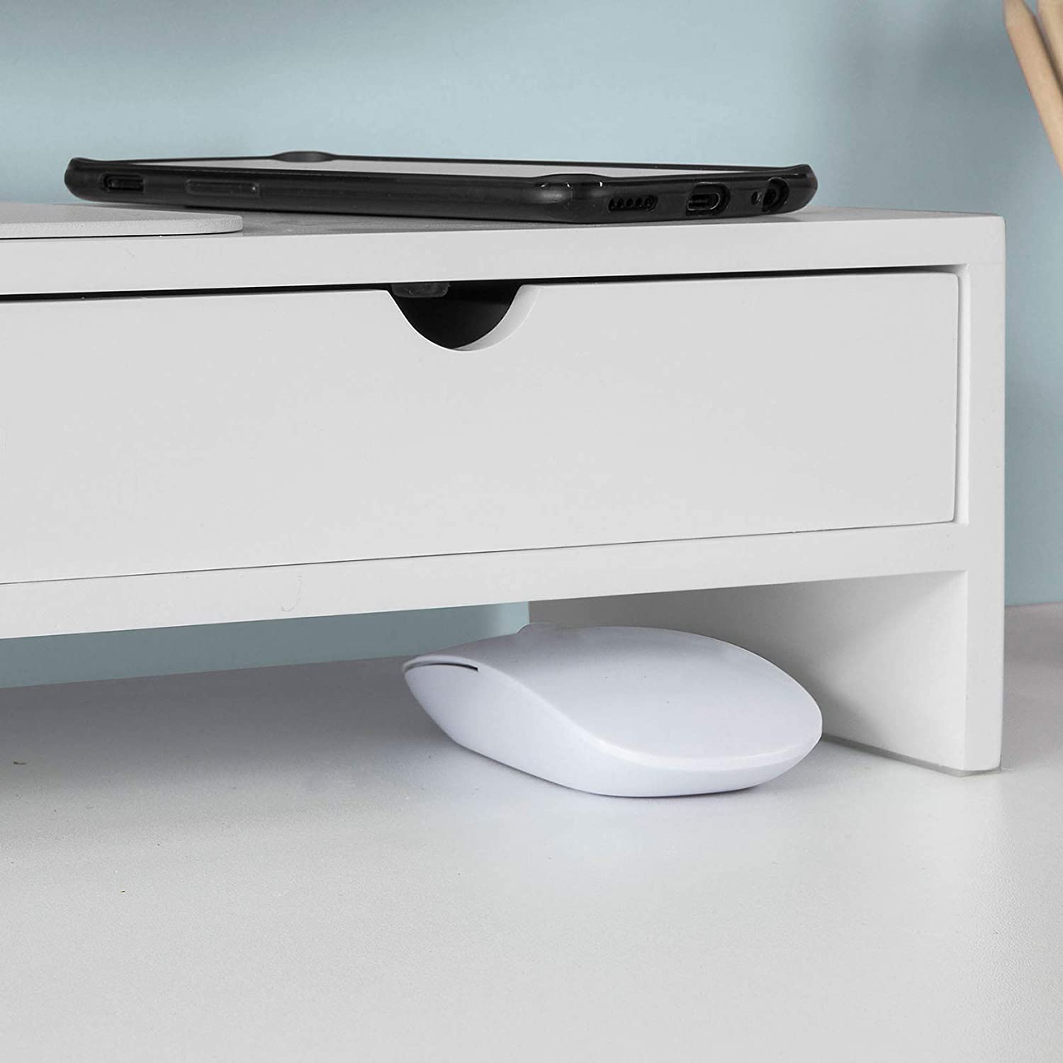 White Monitor Stand with 2 Drawers, Scratch Resistant