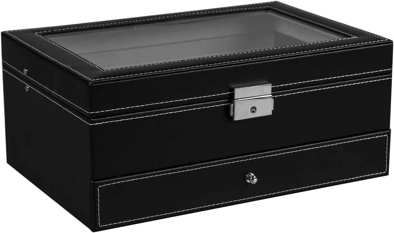 12 Slot PU Leather Lockable Watch and Jewelry Storage Boxes Black