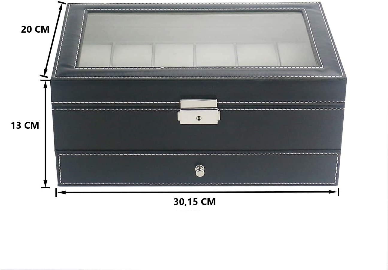 12 Slot PU Leather Lockable Watch and Jewelry Storage Boxes Black