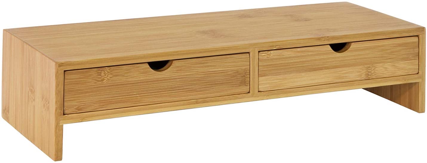 White Bamboo Monitor Stand with 2 Drawers & Storage