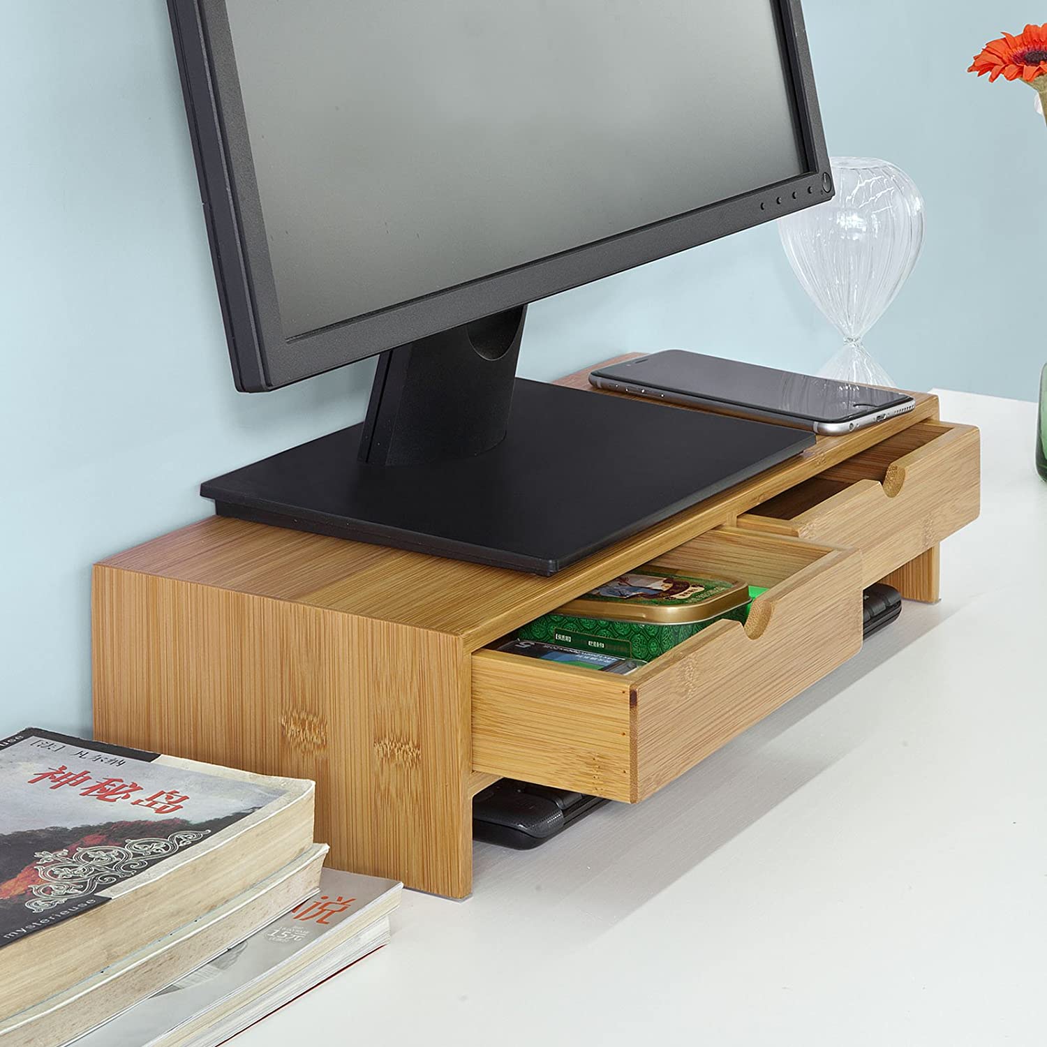 White Bamboo Monitor Stand with 2 Drawers & Storage