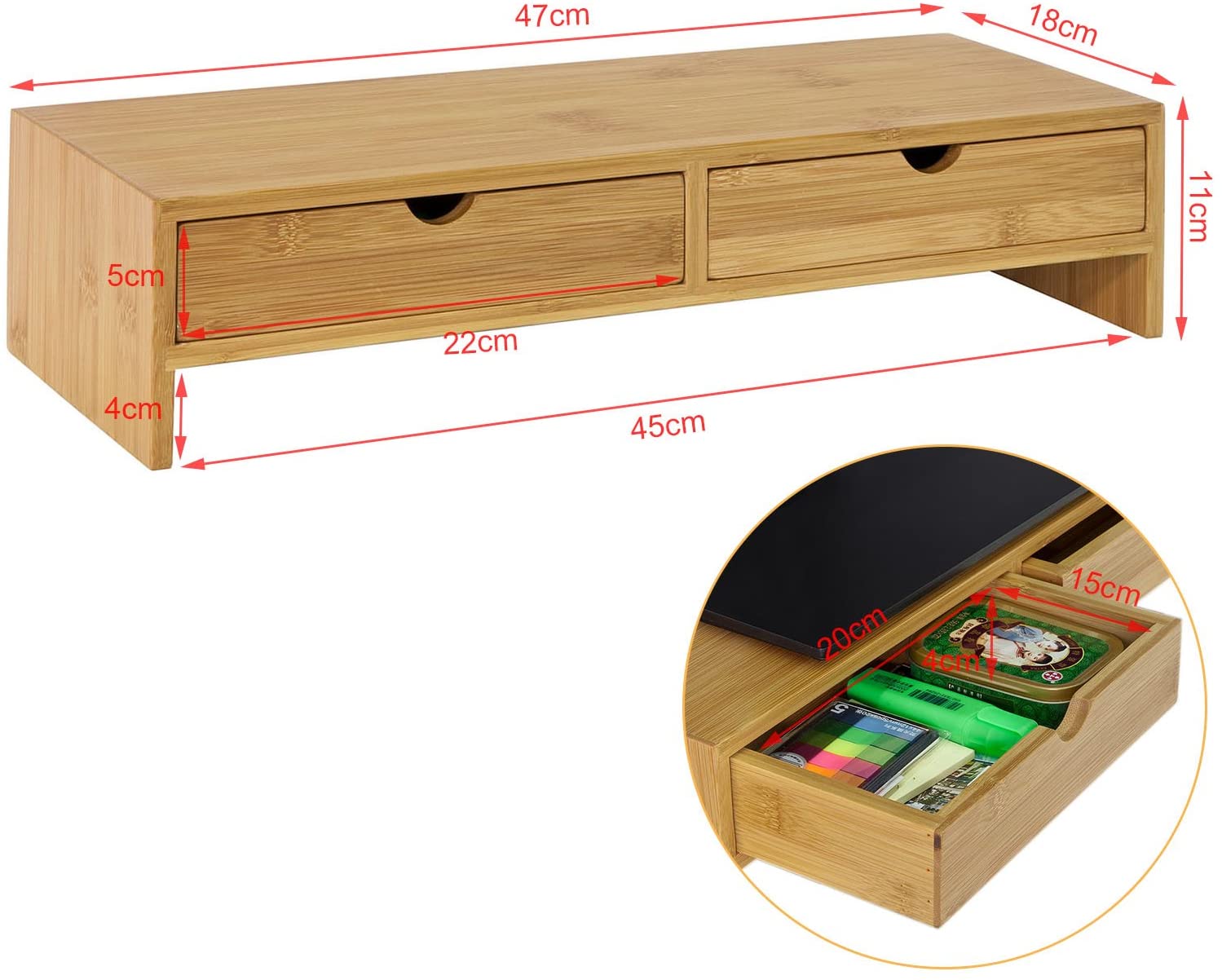 White Bamboo Monitor Stand with 2 Drawers & Storage