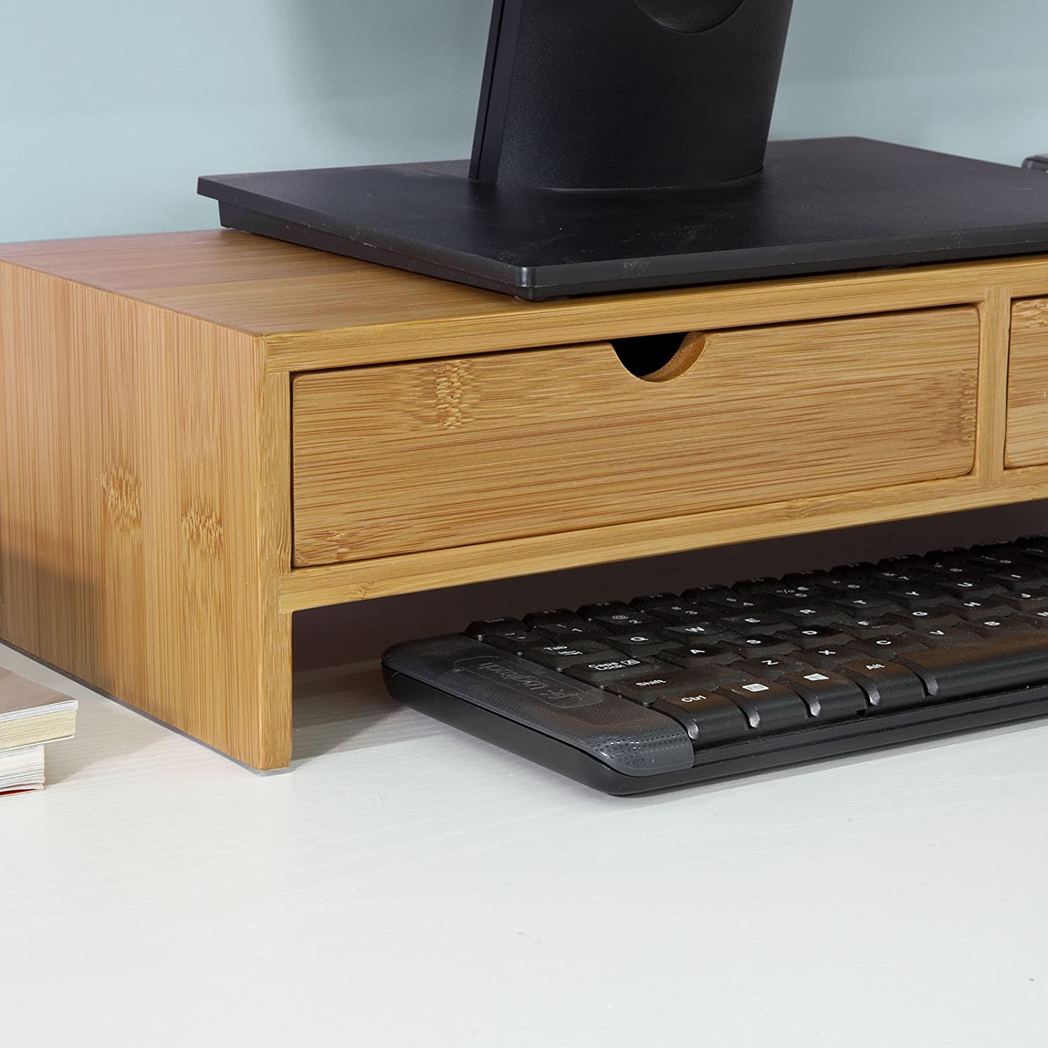 White Bamboo Monitor Stand with 2 Drawers & Storage