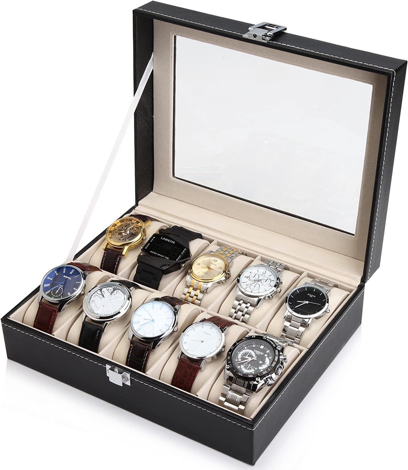 Black PU Leather Watch Organizer Display Storage Box Cases for Men & Women 10 slots