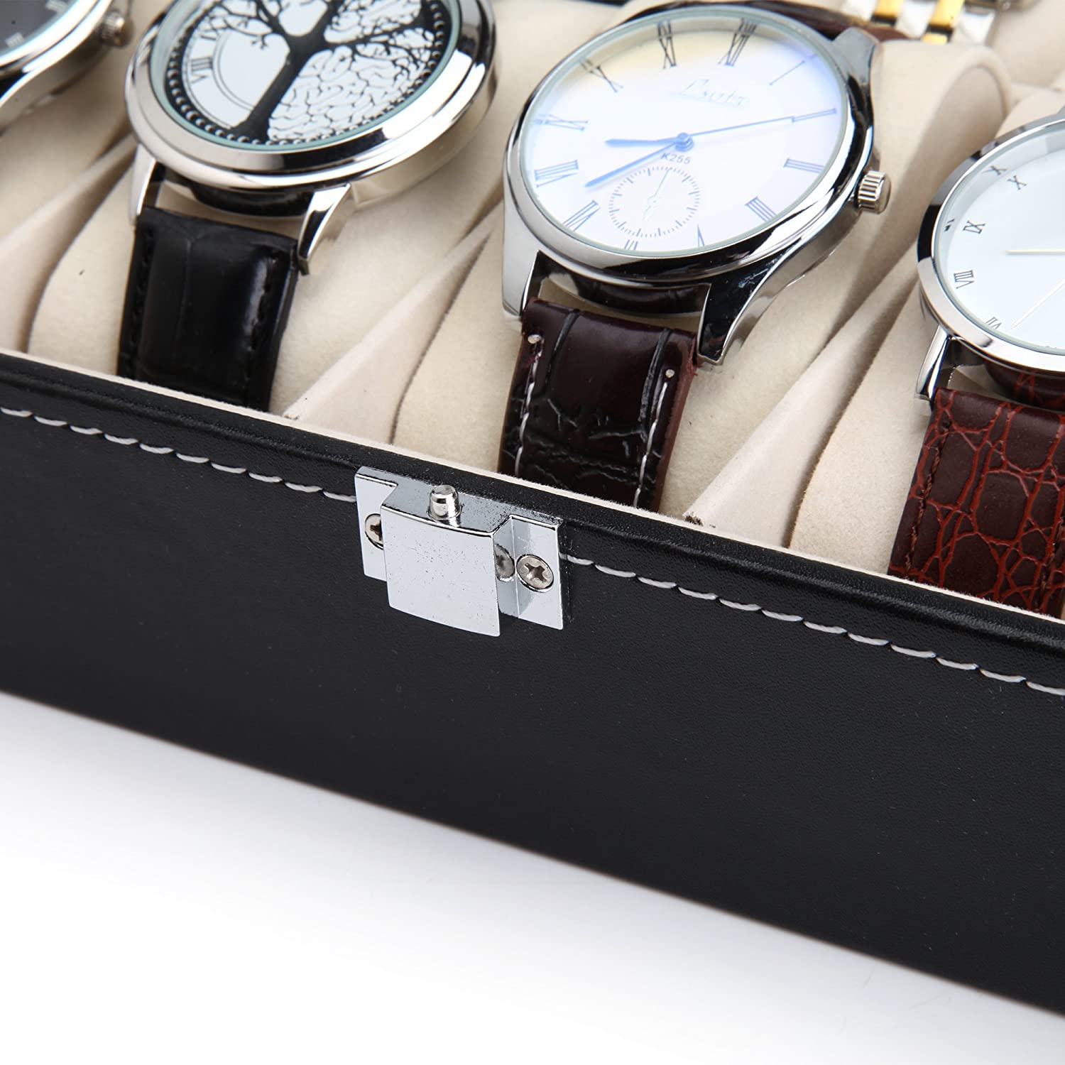 Black PU Leather Watch Organizer Display Storage Box Cases for Men & Women 10 slots