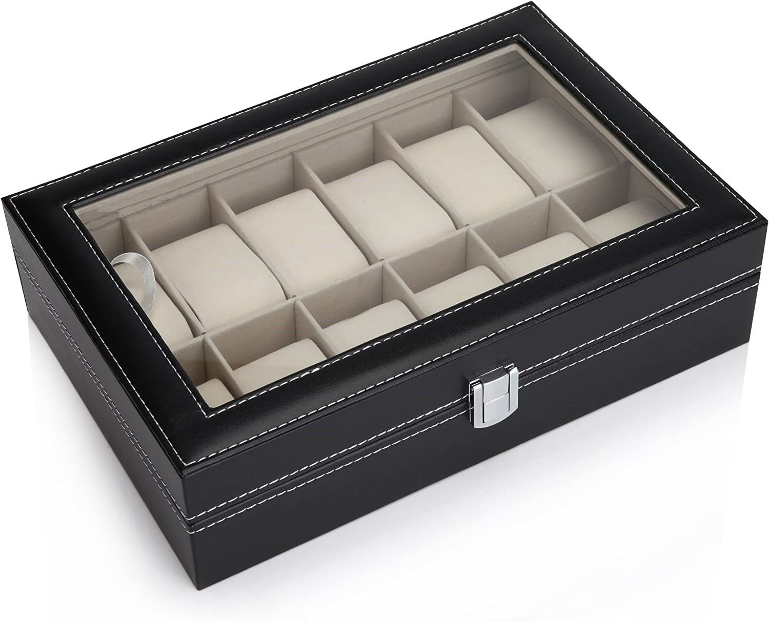 Black PU Leather Watch Organizer Display Storage Box Cases for Men & Women 12 slots