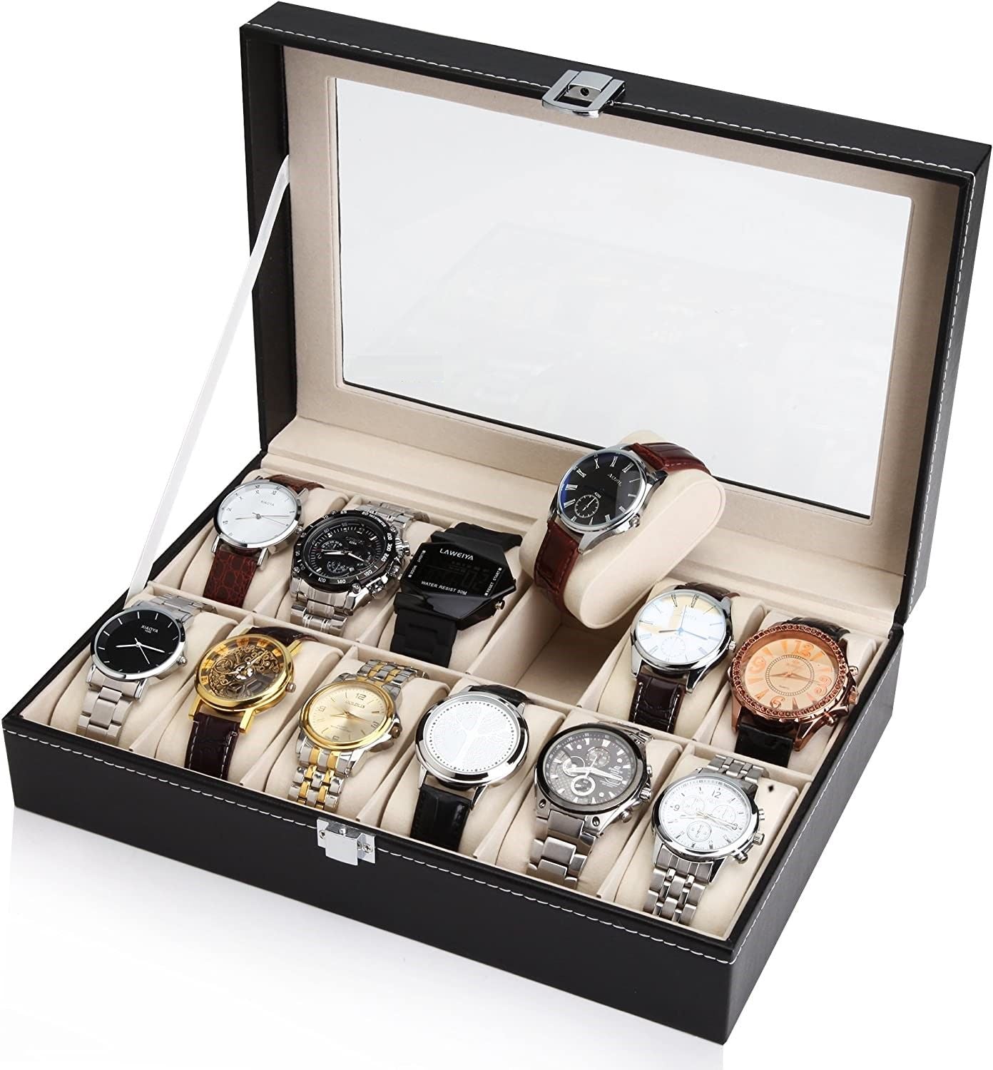 Black PU Leather Watch Organizer Display Storage Box Cases for Men & Women 12 slots