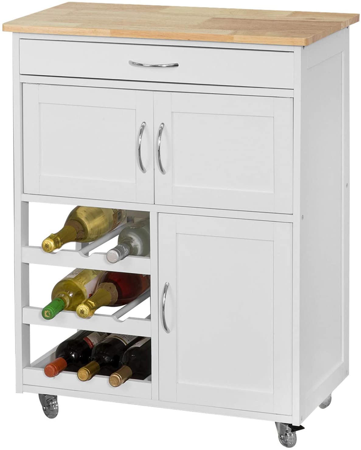 Rubber Wood Kitchen Trolley with Wine Racks, 2 Cupboards, 1 Drawer