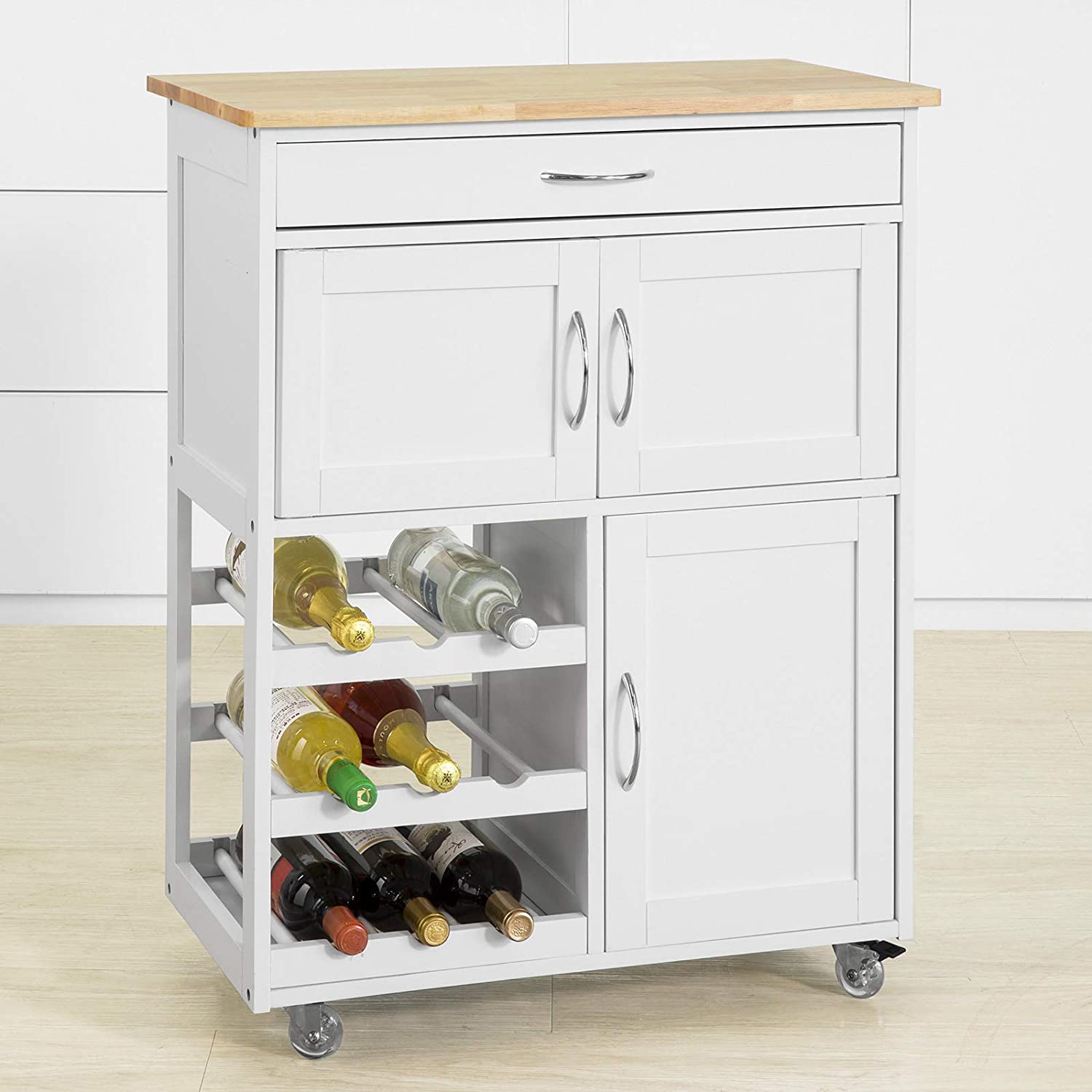 Rubber Wood Kitchen Trolley with Wine Racks, 2 Cupboards, 1 Drawer