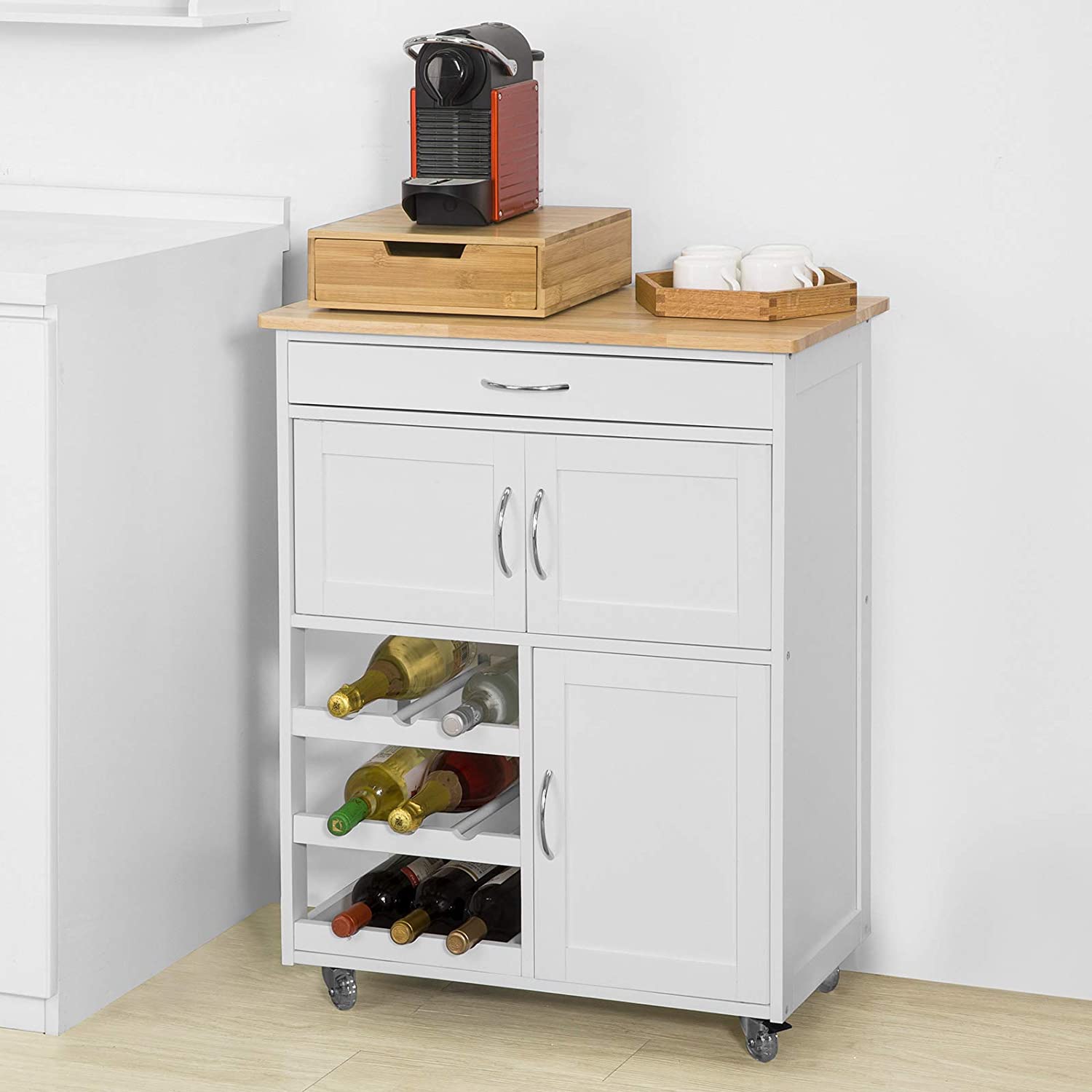 Rubber Wood Kitchen Trolley with Wine Racks, 2 Cupboards, 1 Drawer