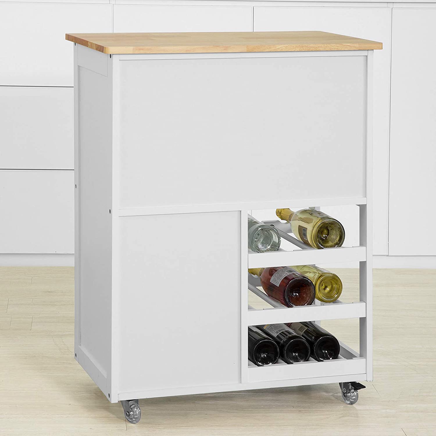 Rubber Wood Kitchen Trolley with Wine Racks, 2 Cupboards, 1 Drawer