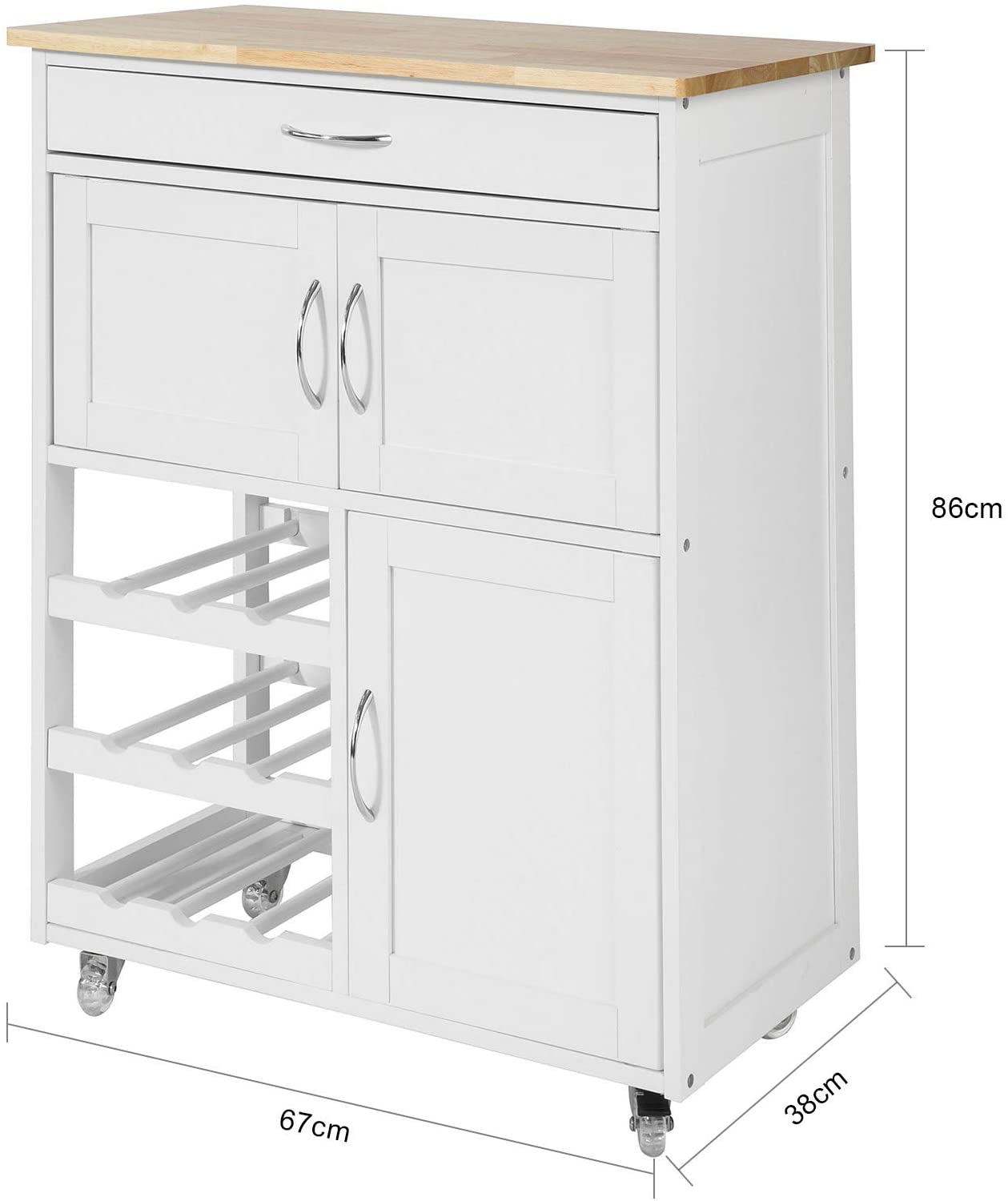 Rubber Wood Kitchen Trolley with Wine Racks, 2 Cupboards, 1 Drawer