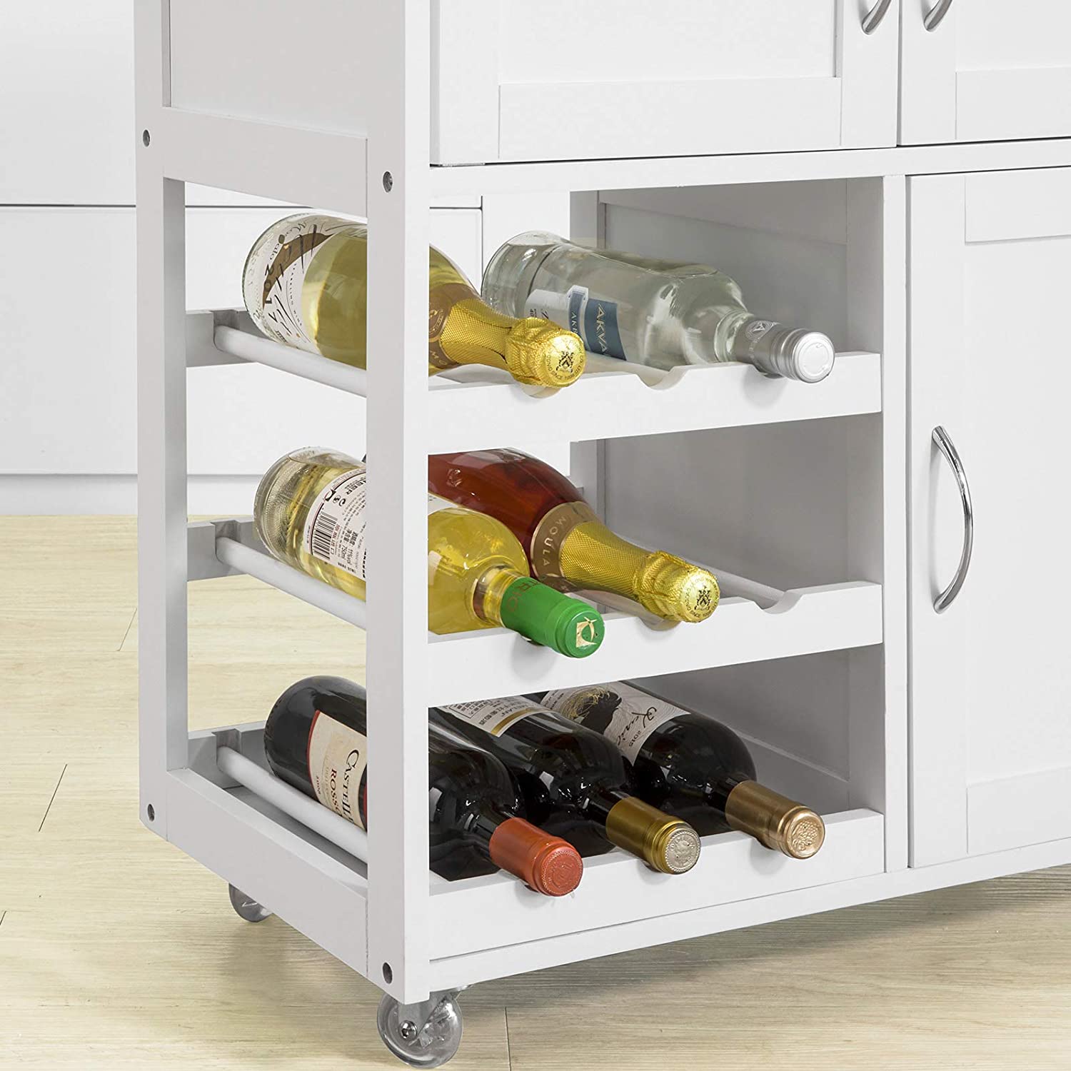 Rubber Wood Kitchen Trolley with Wine Racks, 2 Cupboards, 1 Drawer