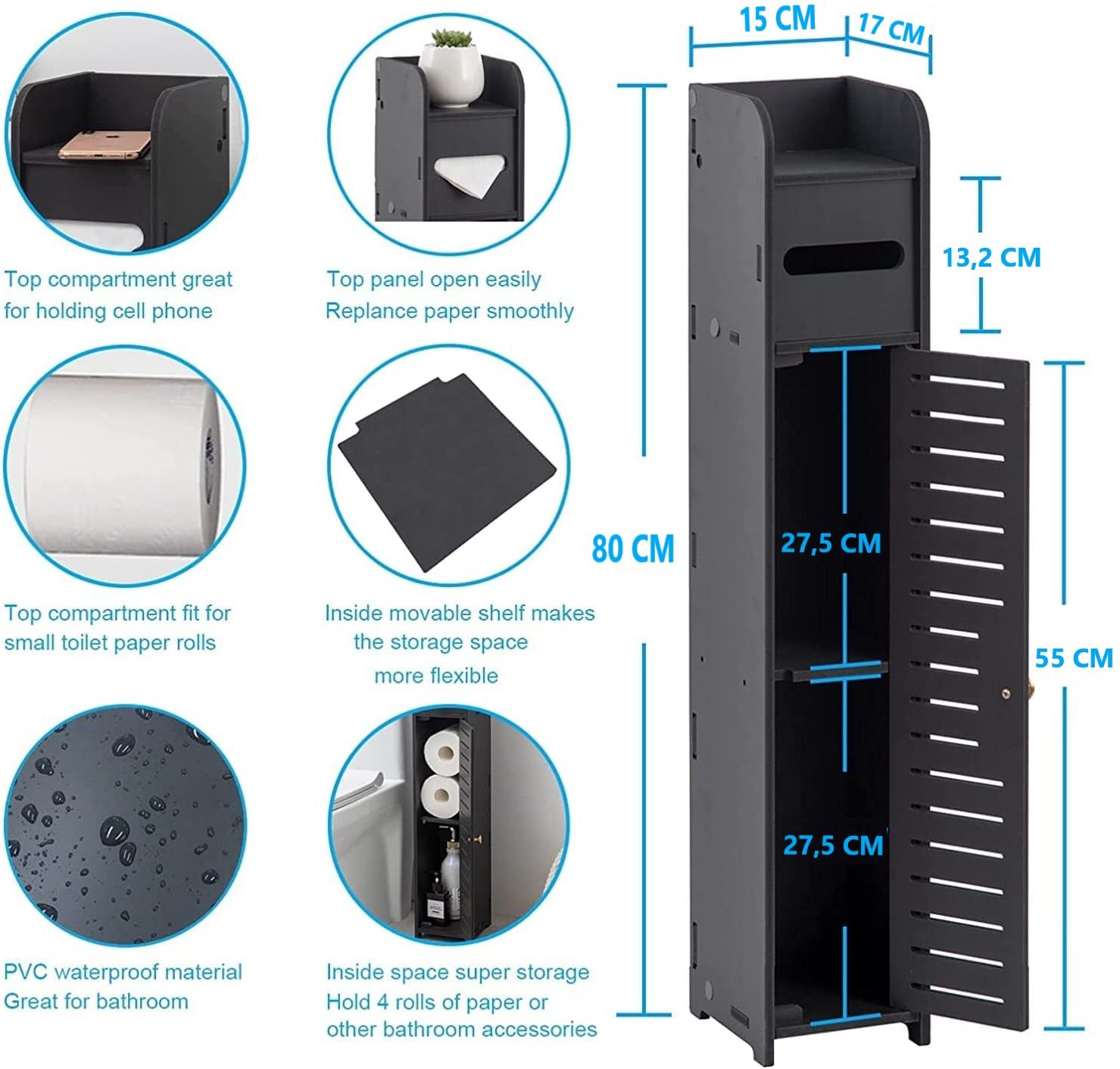 Toilet Paper Roll Holder for Bathroom Black, 80 cm
