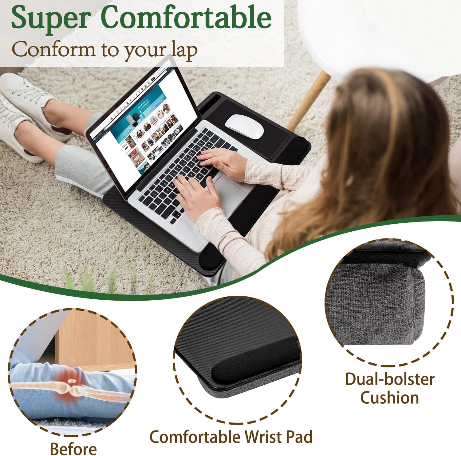 Portable Laptop Desk with Device Ledge, Mouse Pad and Phone Holder for Home Office Black, 43cm