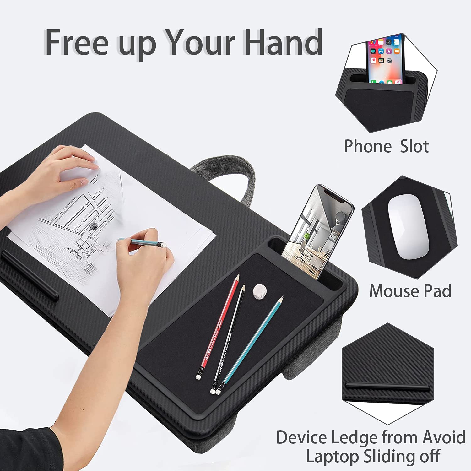 Portable Laptop Desk with Cushion, Mouse Pad, Phone Holder - 40cm (Black)