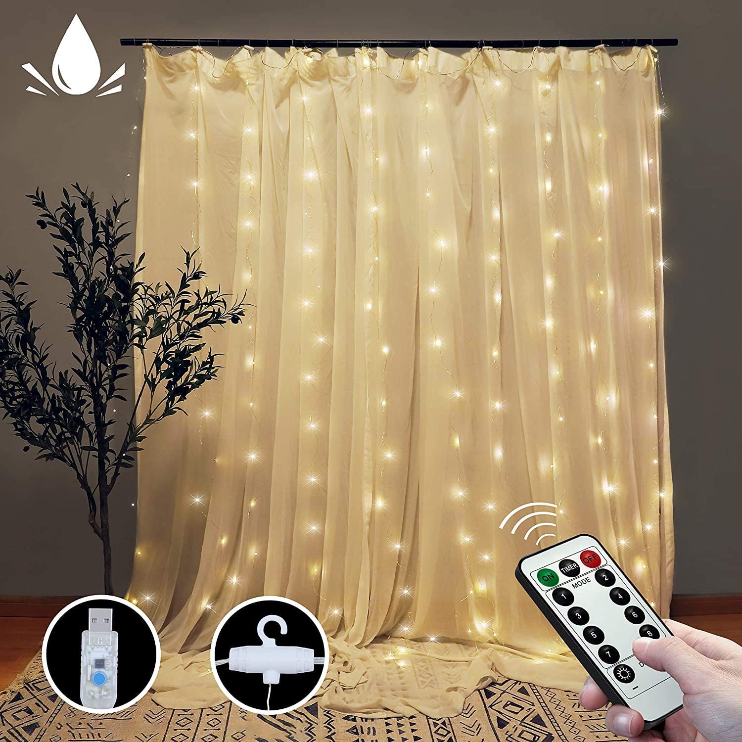 Warm White Curtain Fairy Lights 8 Modes, 300 LEDs, USB, Remote