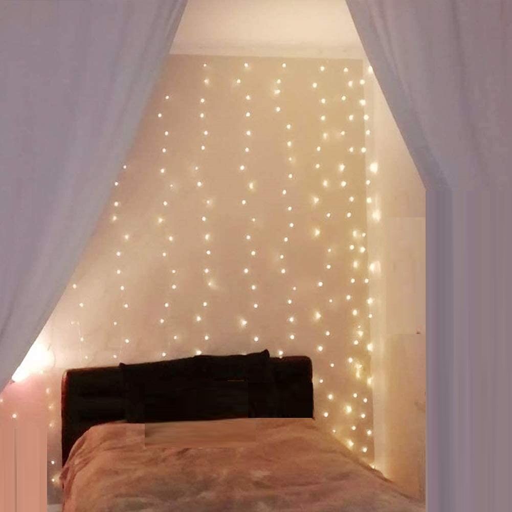 Warm White Curtain Fairy Lights 8 Modes, 300 LEDs, USB, Remote