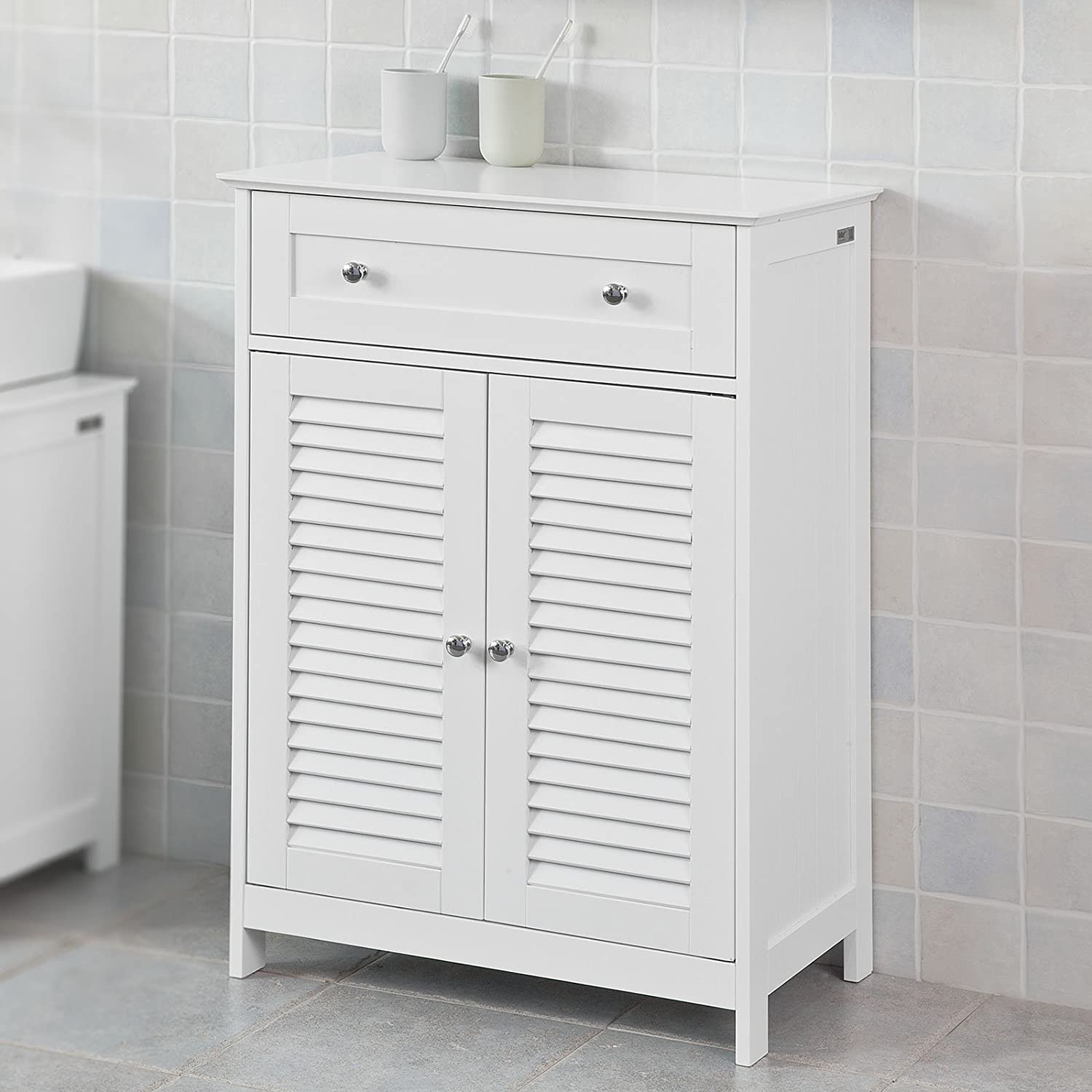 White MDF Storage Cabinet with Shelf, Drawer, 60x87x35 cm