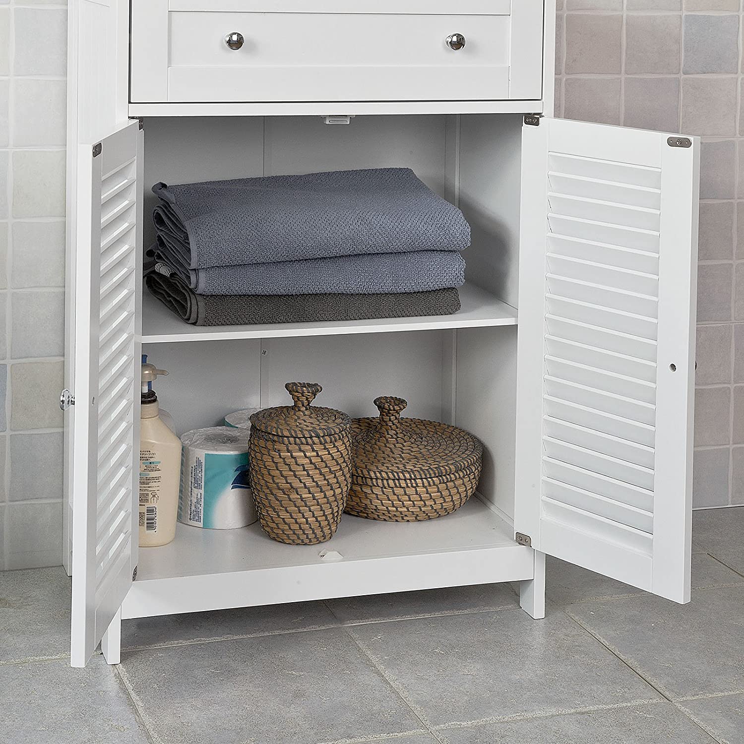 White MDF Storage Cabinet with Shelf, Drawer, 60x87x35 cm