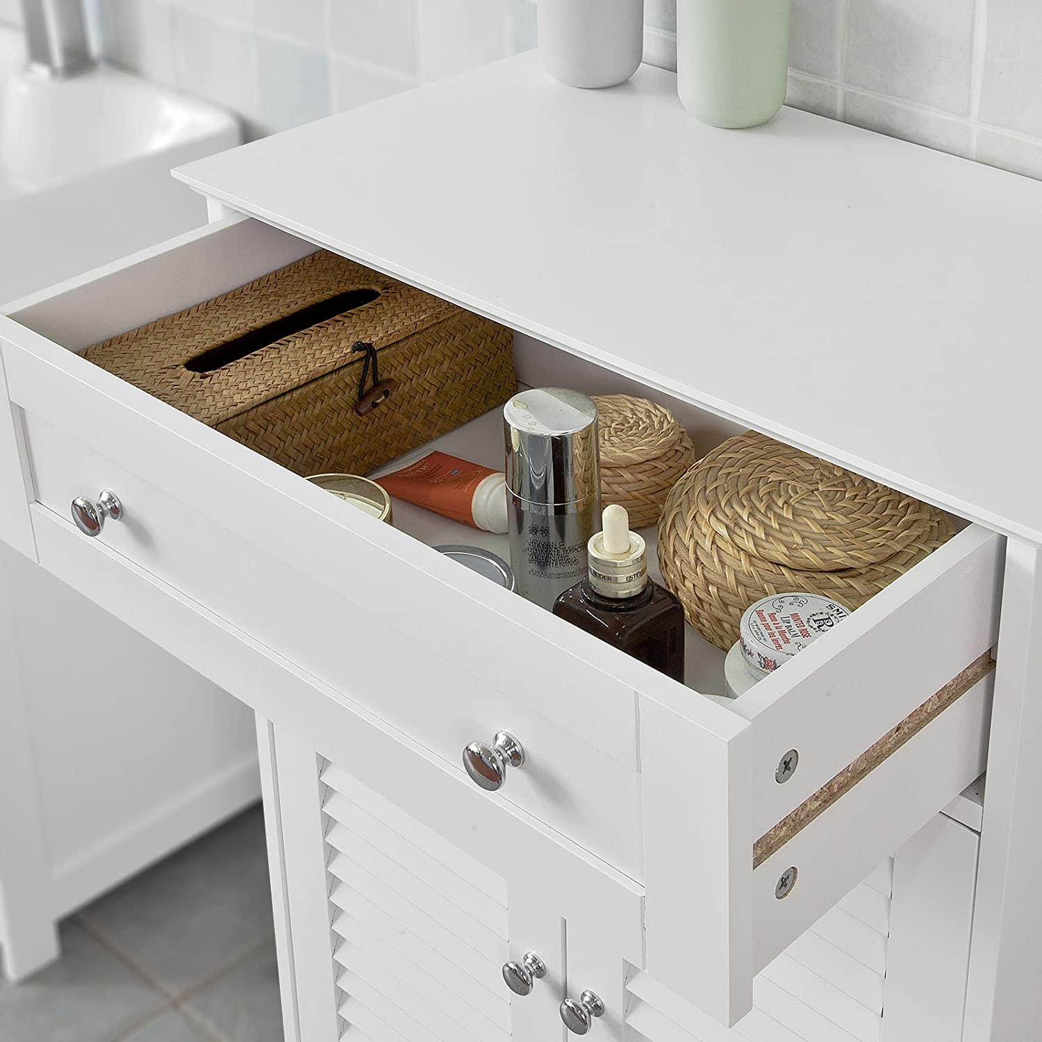 White MDF Storage Cabinet with Shelf, Drawer, 60x87x35 cm