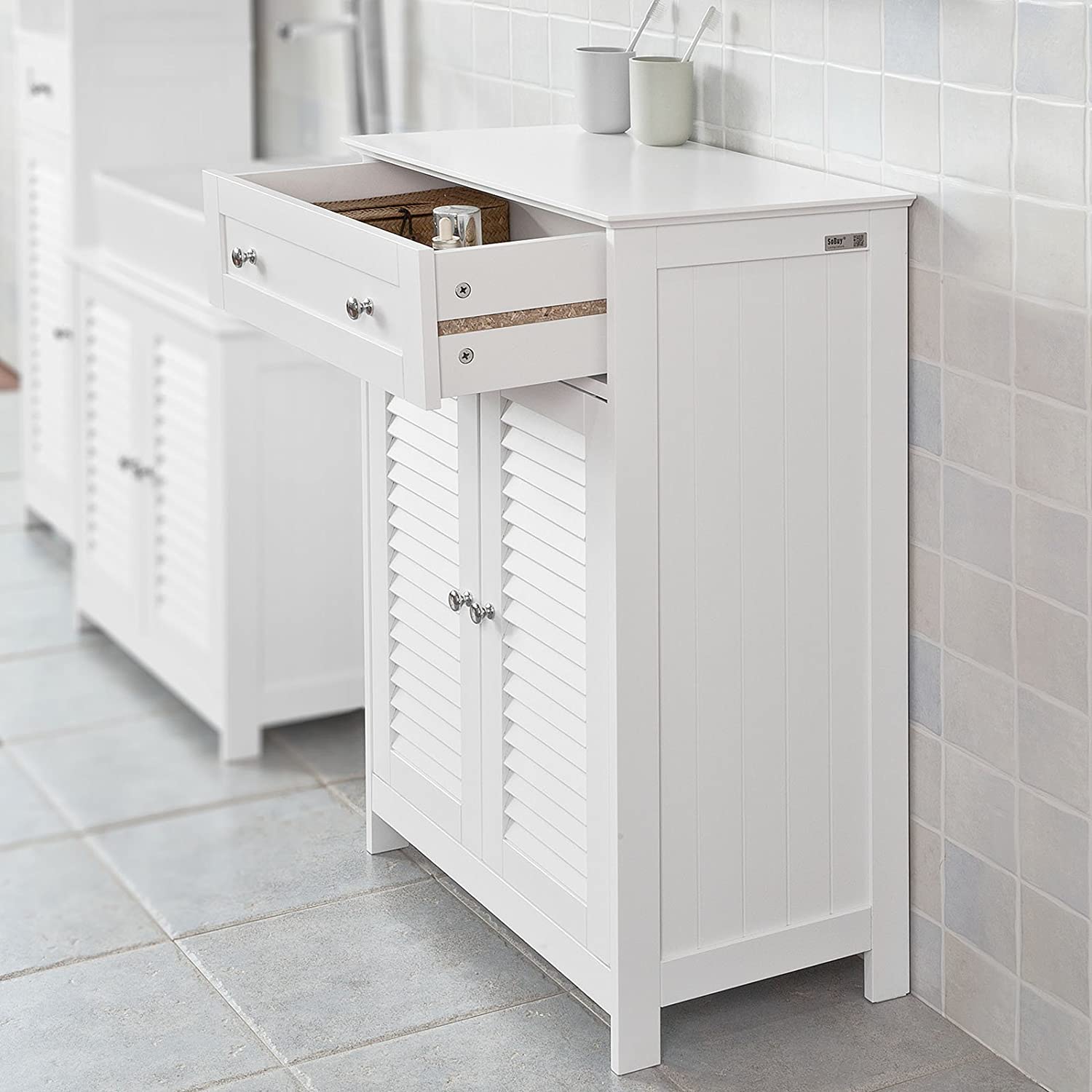 White MDF Storage Cabinet with Shelf, Drawer, 60x87x35 cm