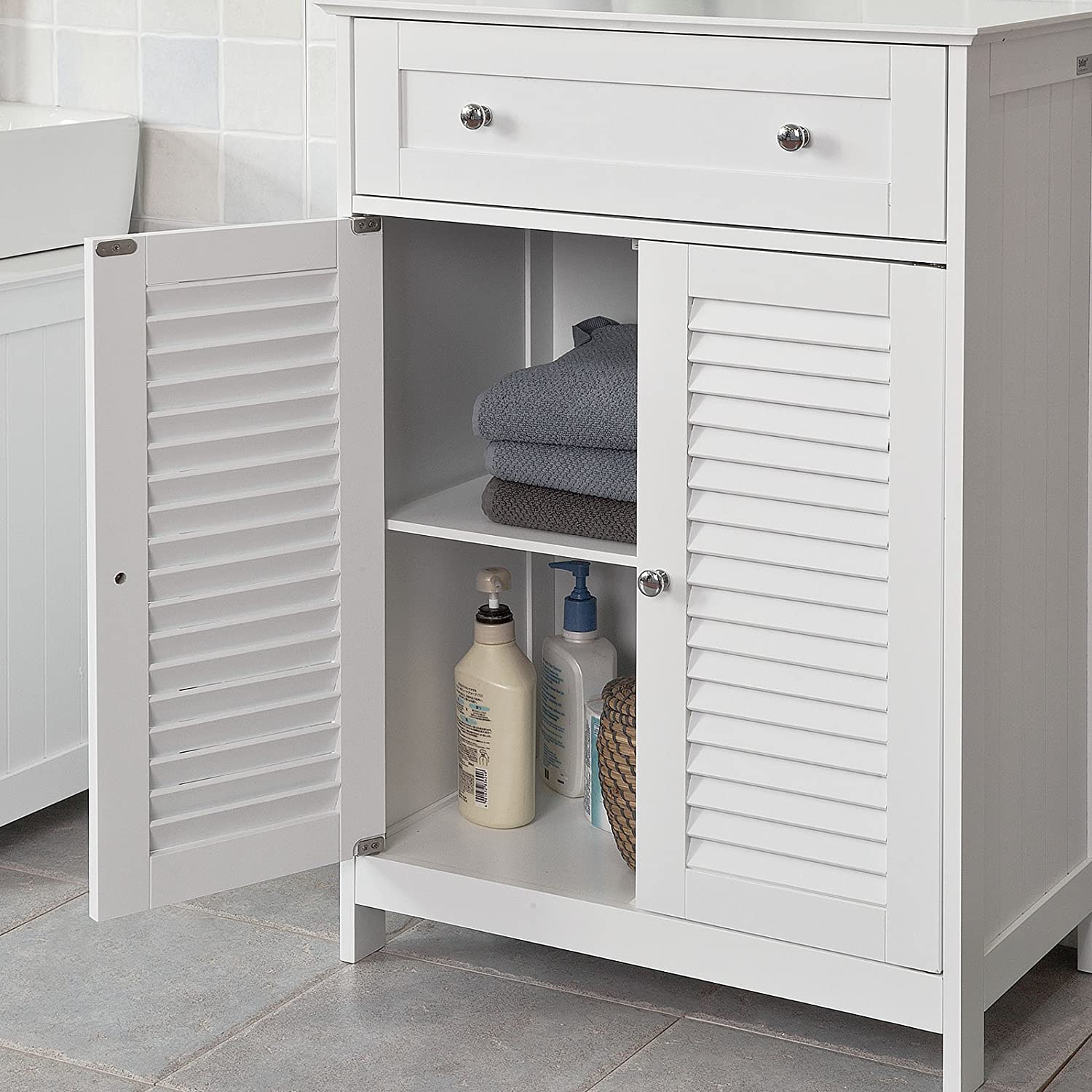 White MDF Storage Cabinet with Shelf, Drawer, 60x87x35 cm