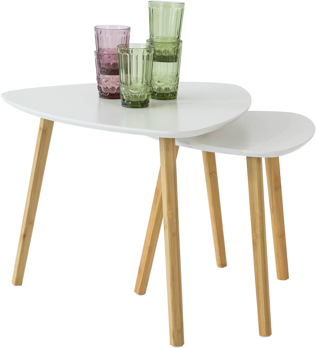 Modern Set of 2 White MDF Bamboo Side Nesting Tables