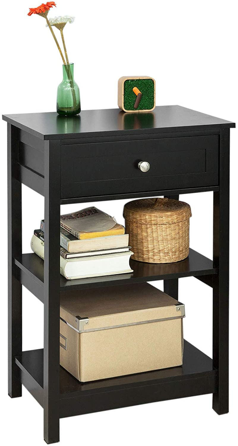 Modern Black MDF Bedside Table, 1 Drawer, 2 Shelves