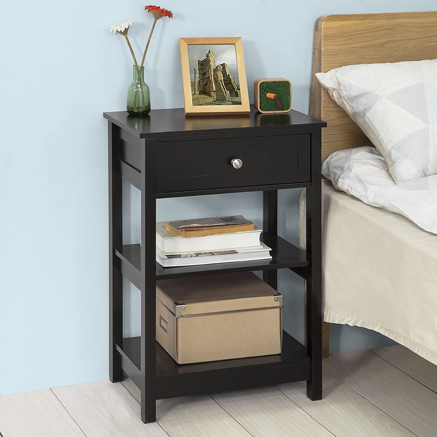 Modern Black MDF Bedside Table, 1 Drawer, 2 Shelves