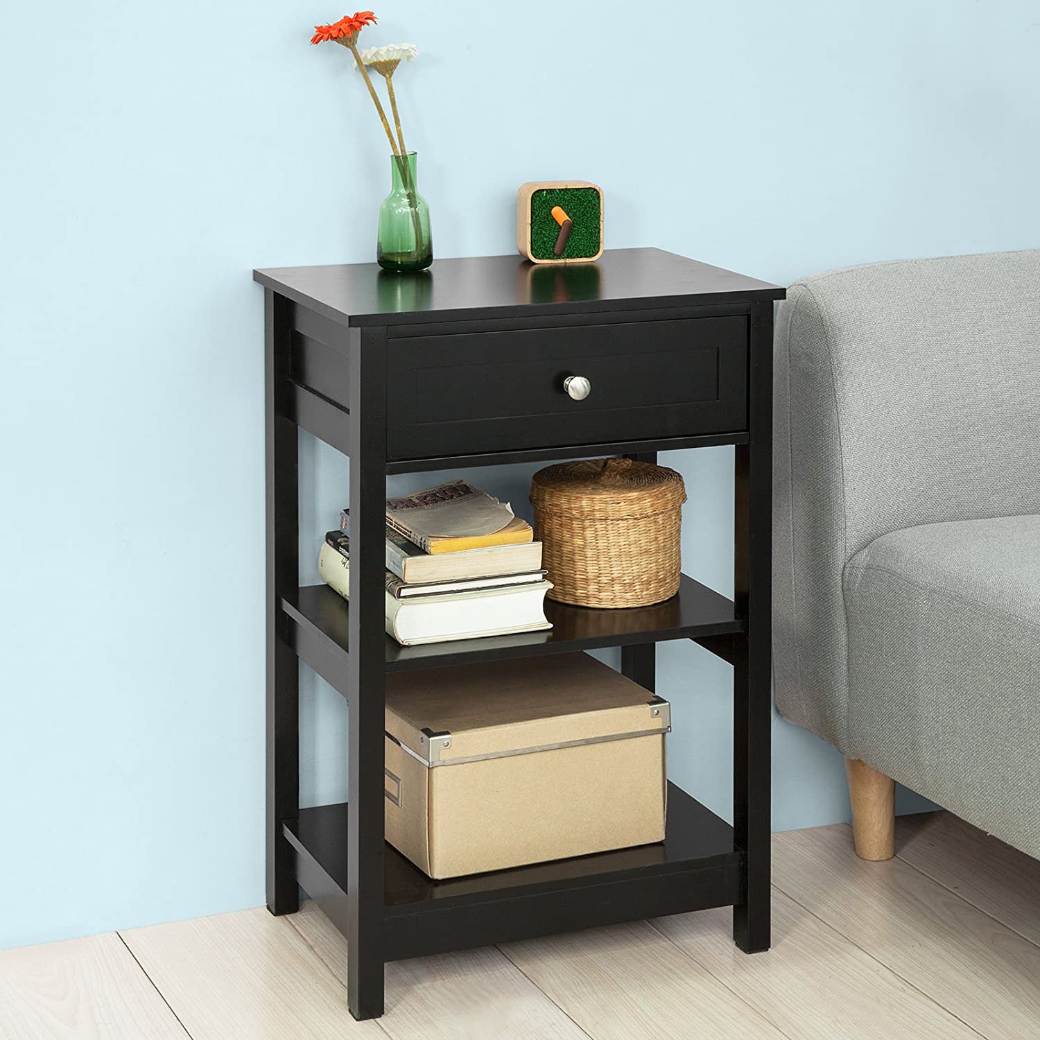 Modern Black MDF Bedside Table, 1 Drawer, 2 Shelves