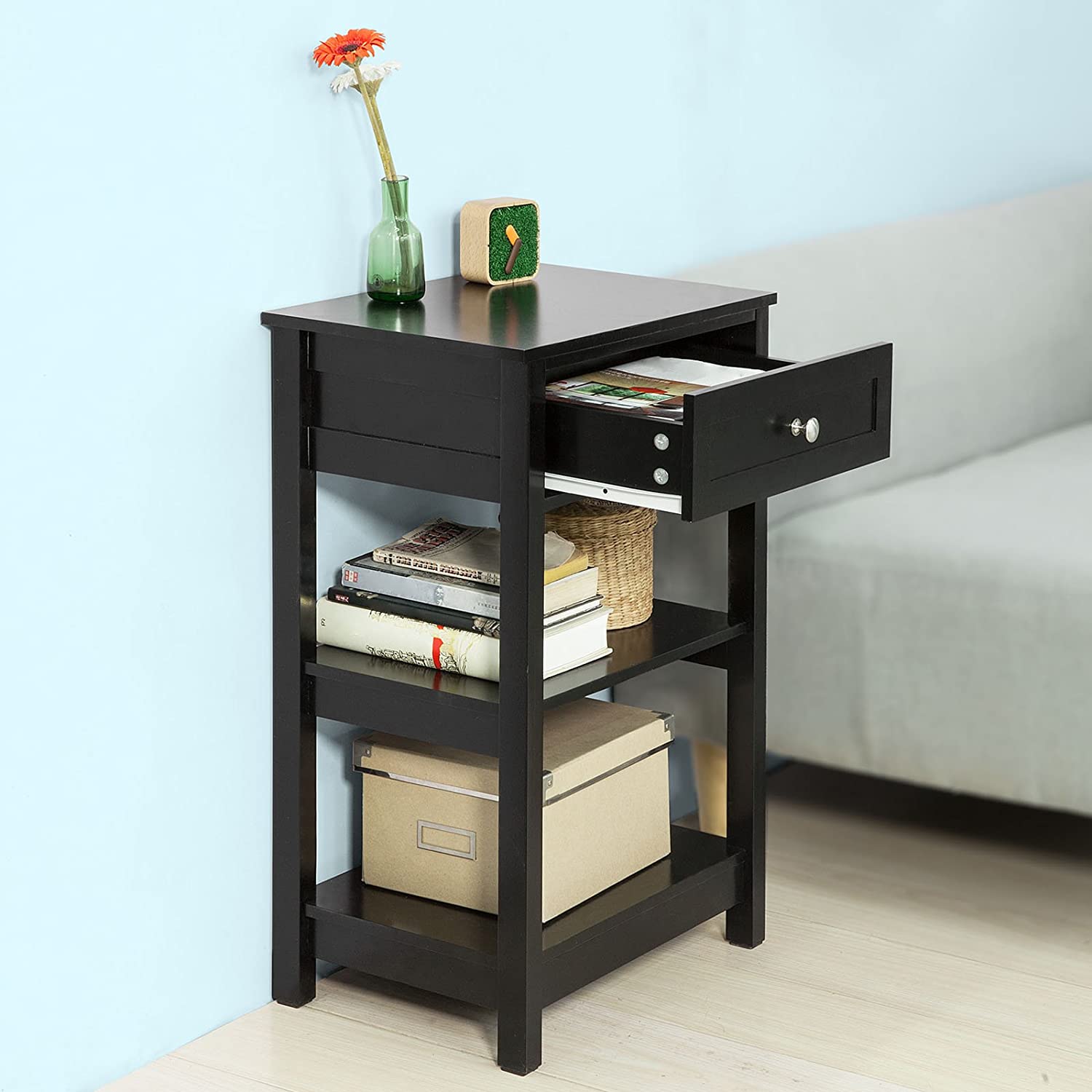 Modern Black MDF Bedside Table, 1 Drawer, 2 Shelves