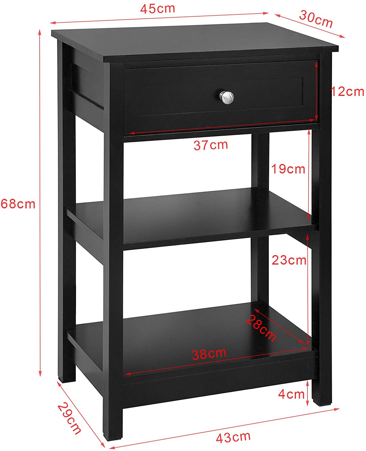 Modern Black MDF Bedside Table, 1 Drawer, 2 Shelves