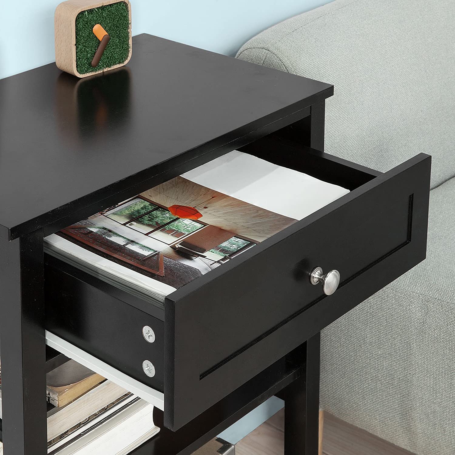 Modern Black MDF Bedside Table, 1 Drawer, 2 Shelves