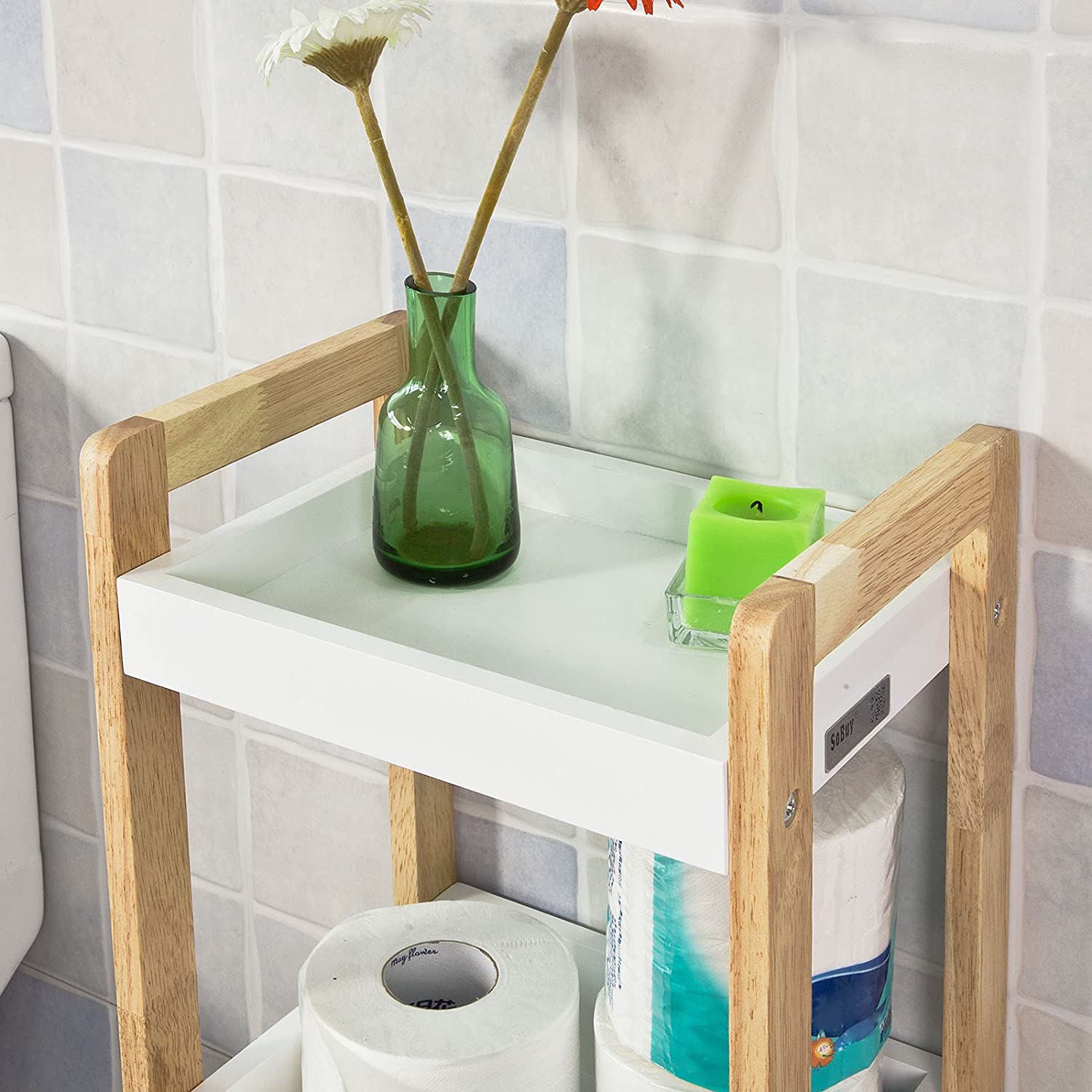 White 3-Tier MDF Bathroom Shelf with Baskets