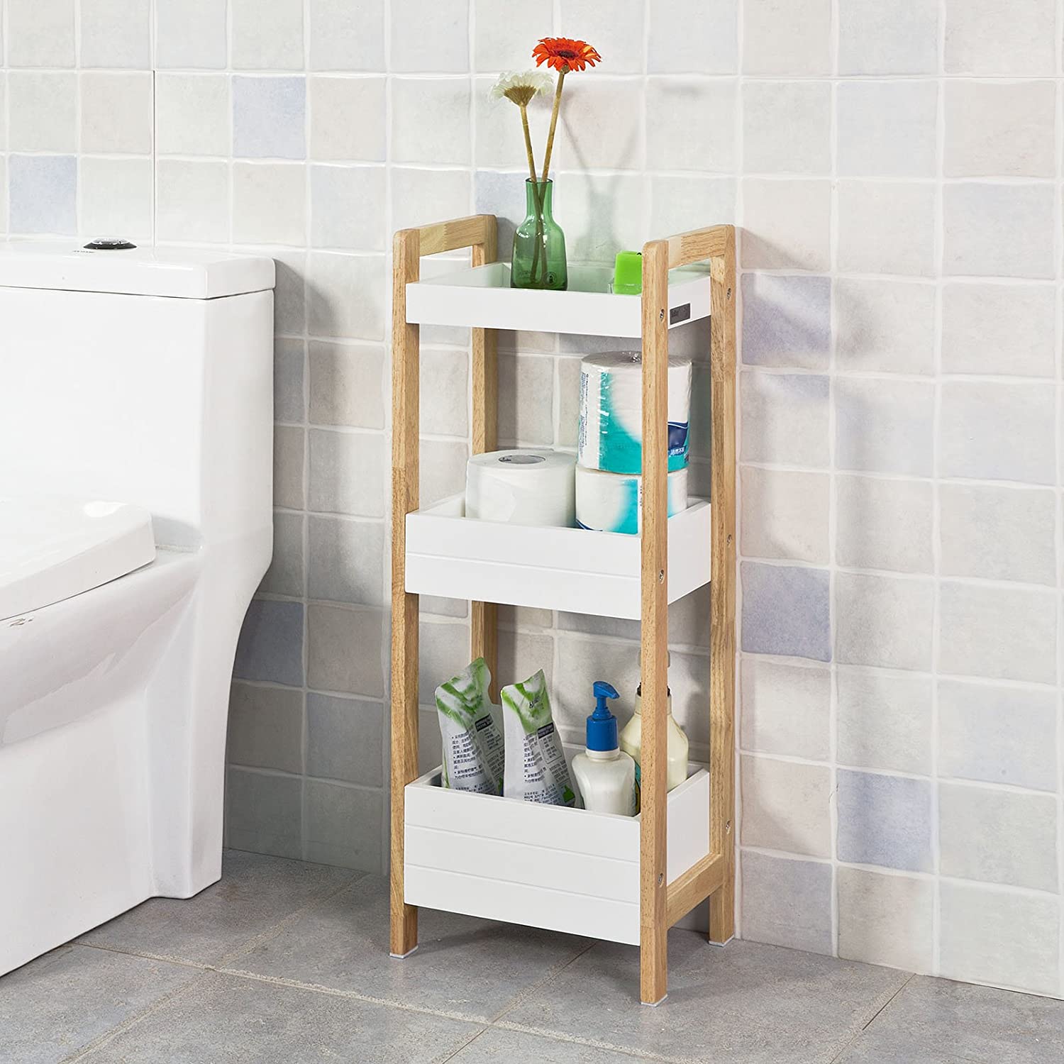 White 3-Tier MDF Bathroom Shelf with Baskets