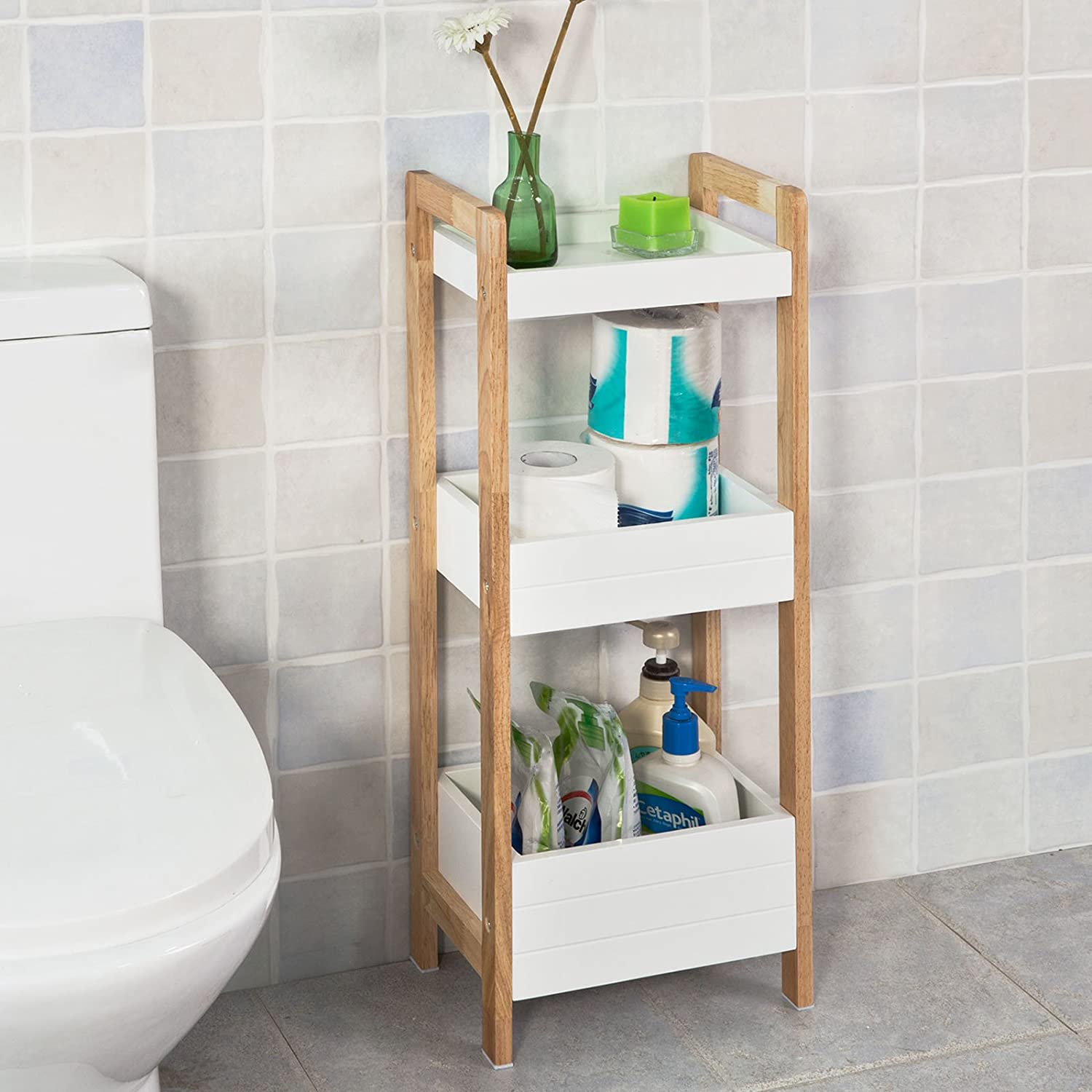 White 3-Tier MDF Bathroom Shelf with Baskets