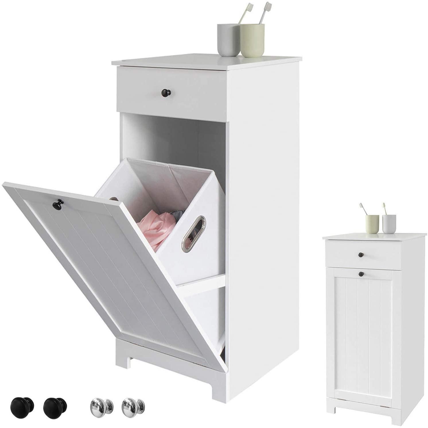 White MDF Bathroom Cabinet, Laundry Basket & Drawer