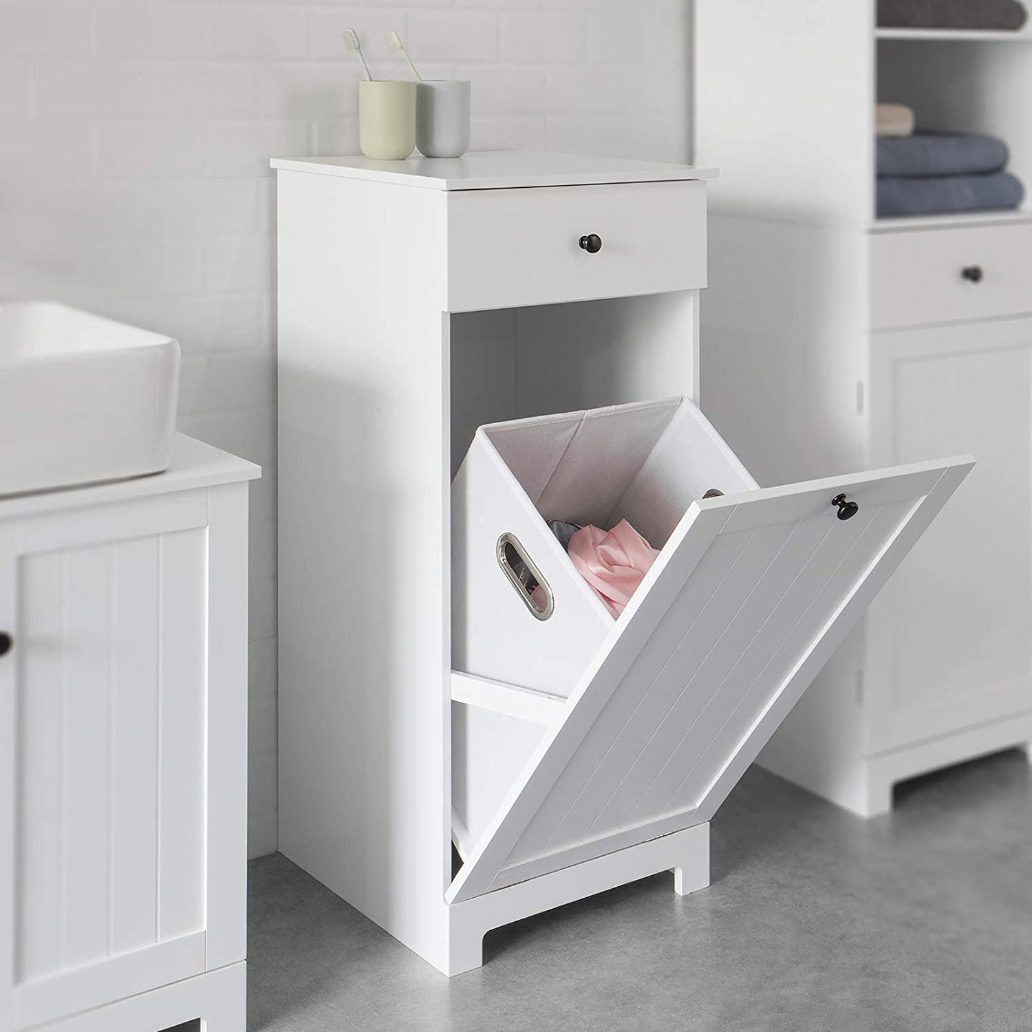 White MDF Bathroom Cabinet, Laundry Basket & Drawer